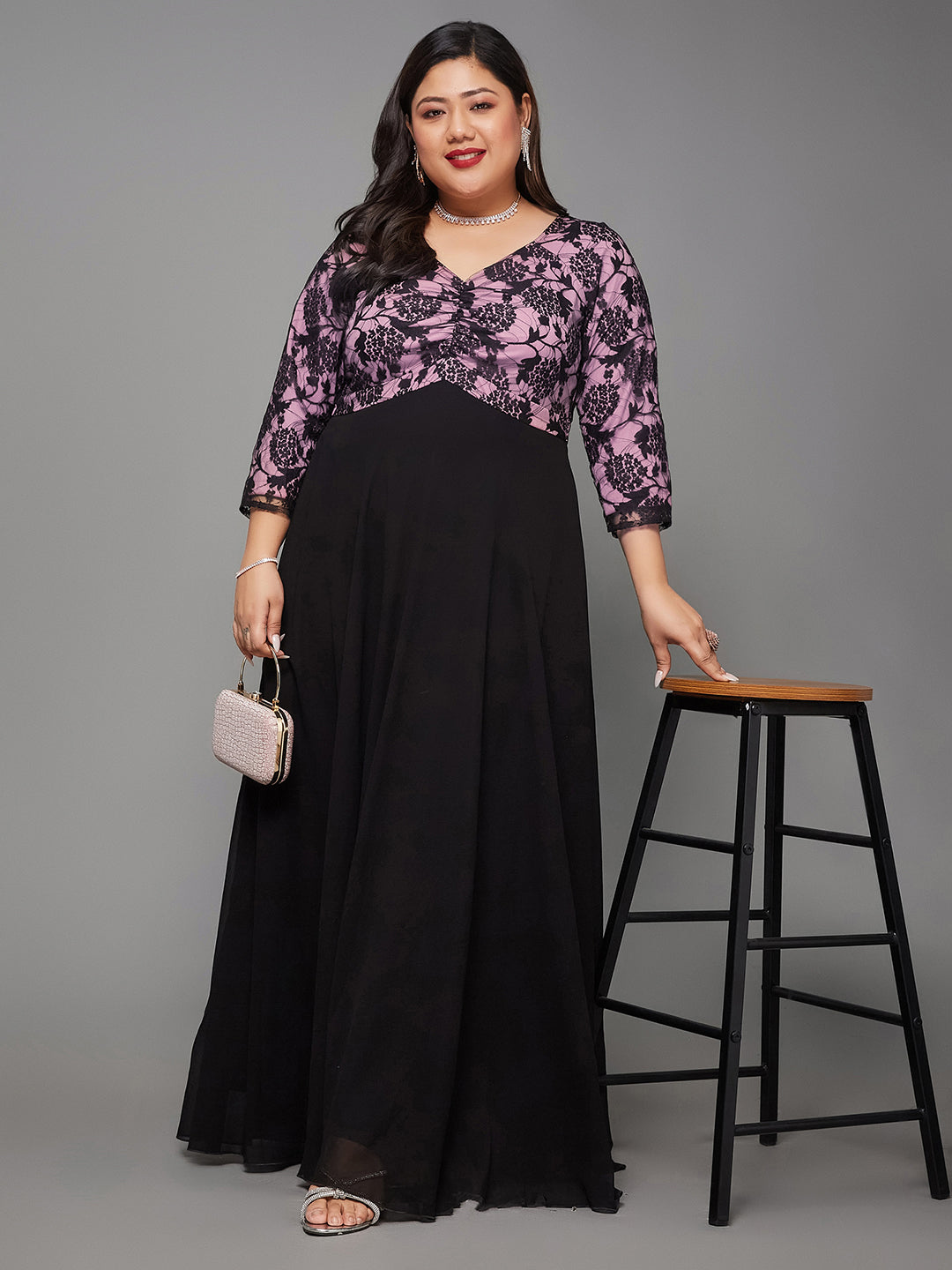 Black And Lavender Sweet heart neck 3/4 Sleeve Self Design Fit & Flare Maxi Dress for Women