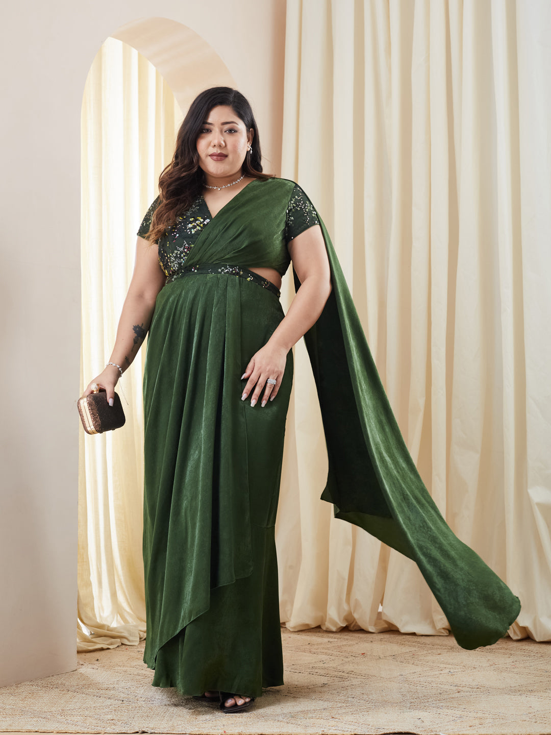 Olive V-Neck Short-Sleeve Embellished Draped Maxi Velvet Dress for Women