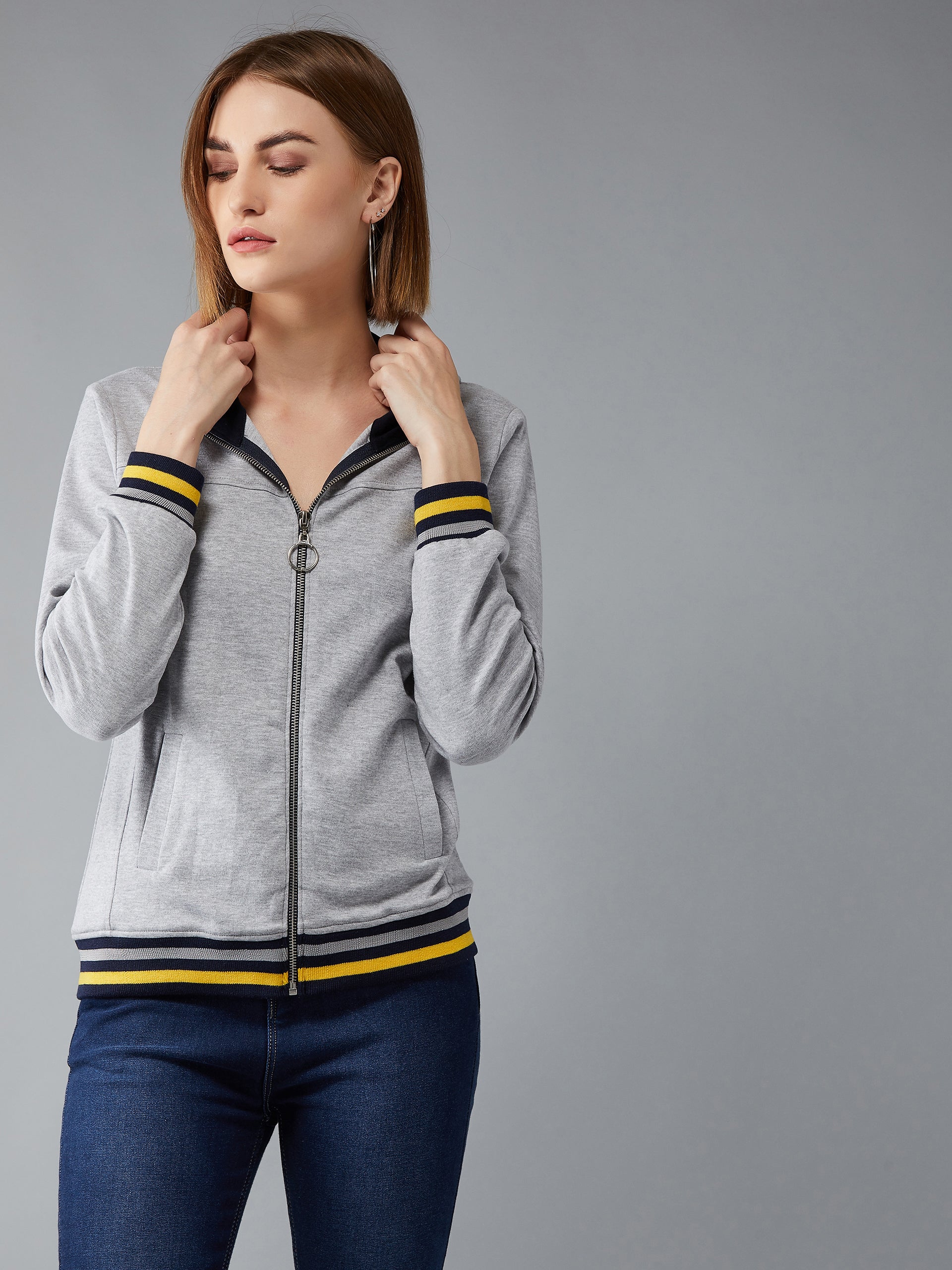 Women's Grey Mock Collar Full Sleeves Premium Cotton, Rib Solid Hooded Regular Length Jacket