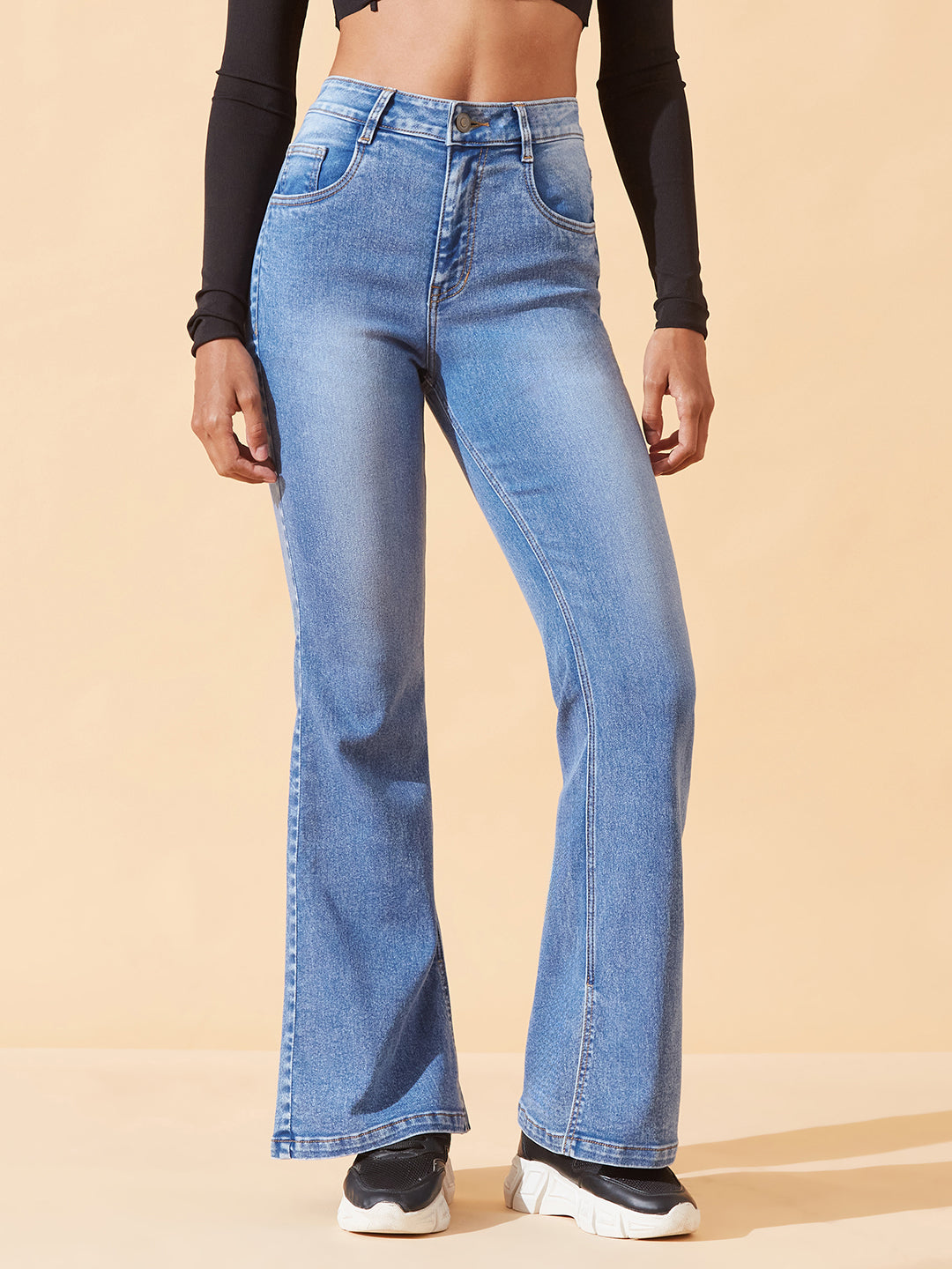 Blue Bootcut Mid-Rise Inseam Slit Heavy Wash Stretchable Denim Jeans for Women