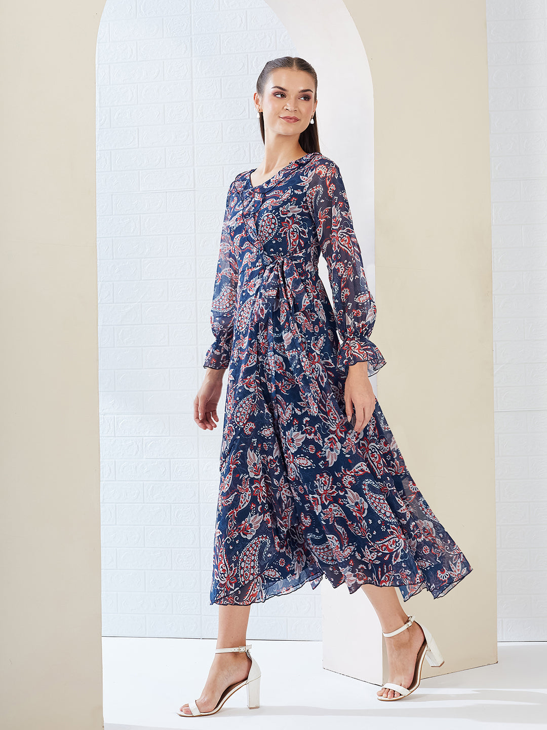 Navy Blue V Neck Full Sleeves Polyester Relaxed Fit Midi Length Dress for Women