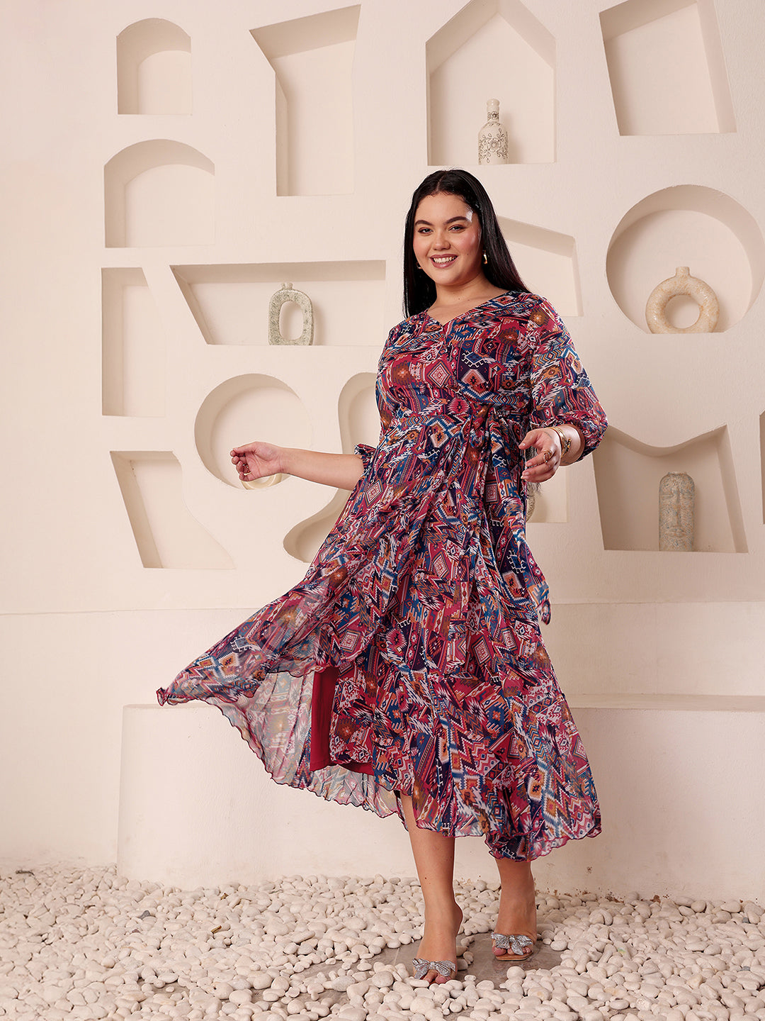 Body Bliss Multicolored V-Neck Three-Quarter Sleeve Geometric Patterned Wrap Midi Chiffon Dress