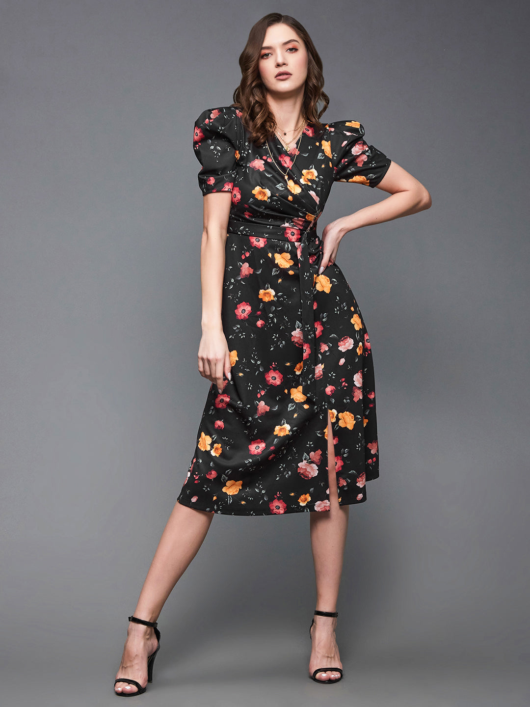 Crease Ease Women's Multicolored-Base-Black V-Neck Pleated Puff Sleeve Floral Patterned Wrap Midi Polyester Dress