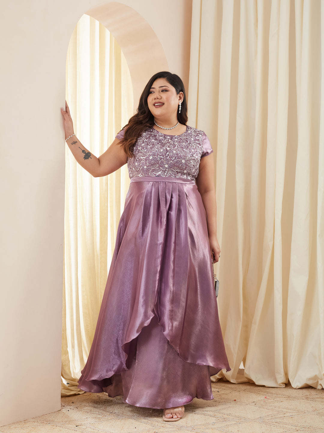 Embroidered Gown in Dusty Purple Layered Premium Satin for Women