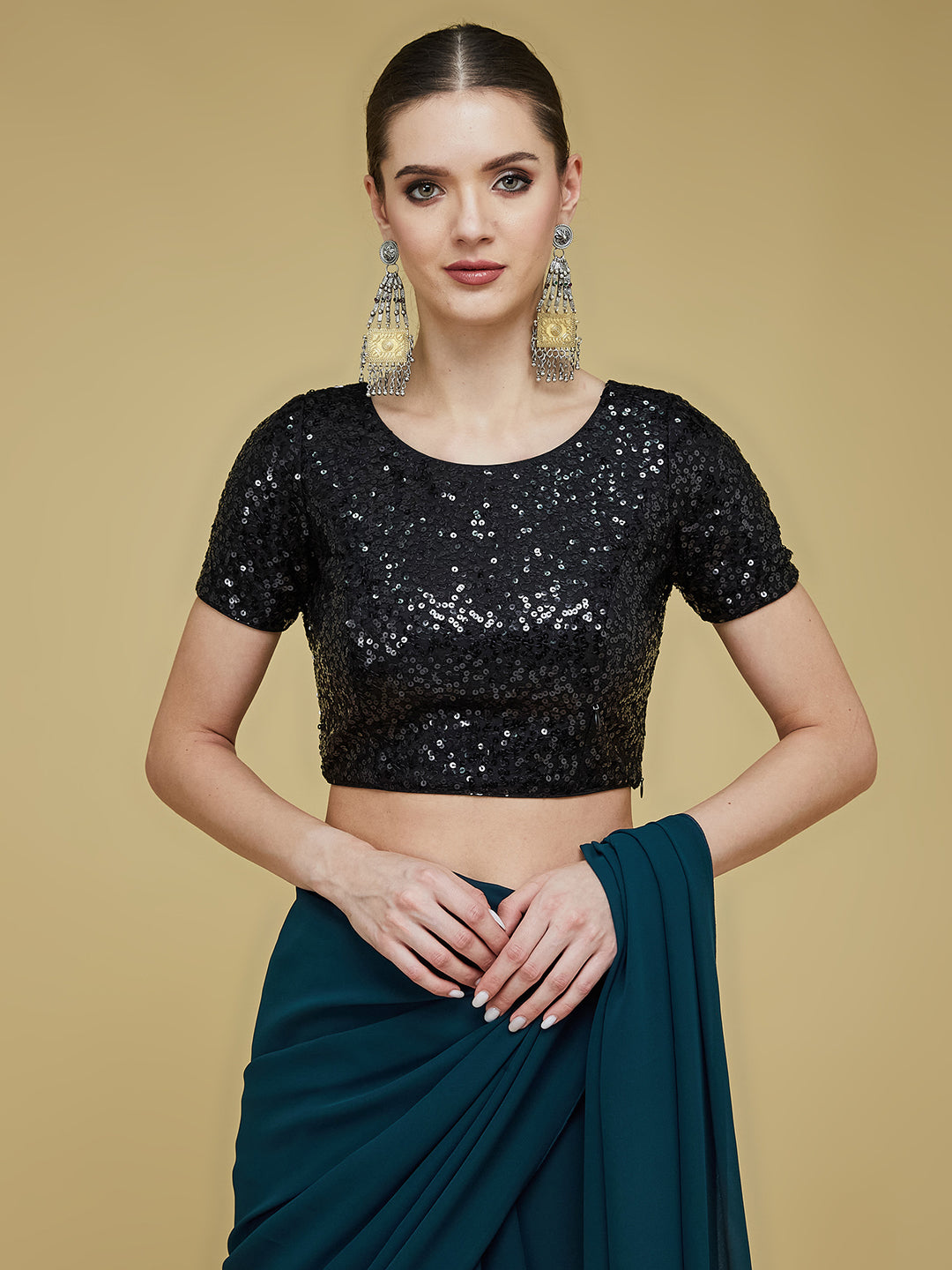 Women's Black Embellished Round Neck Half Sleeve Princess Seam Pocketed Polyester Back Tie Up Short Blouse