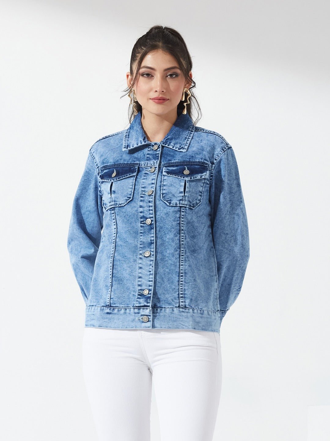 Light Blue Collared Full Sleeve Solid Embellished Regular Length Denim Jacket for Women