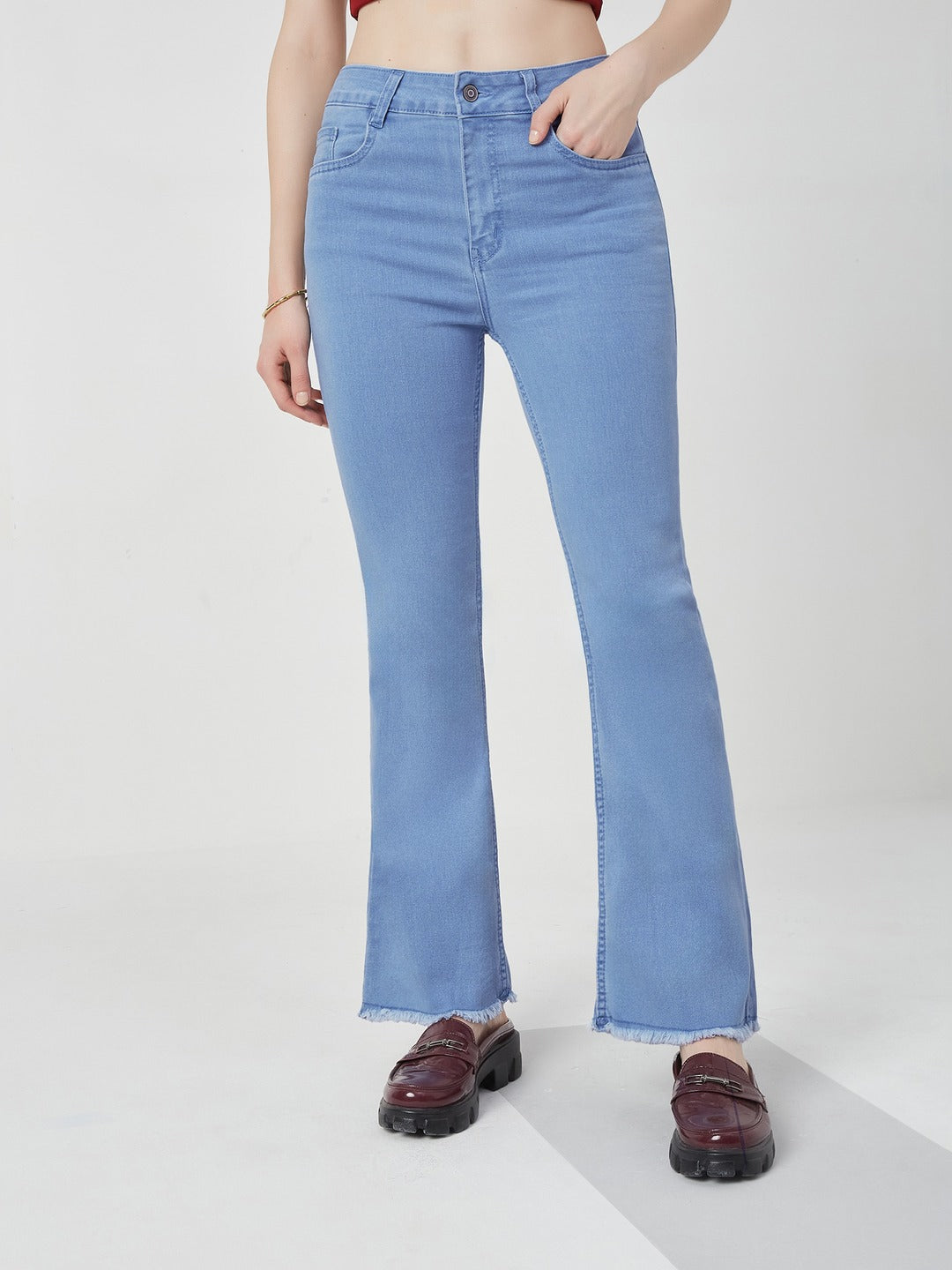 Light Blue Boot Cut high-rise Cropped Stretchable Denim Jeans for Women