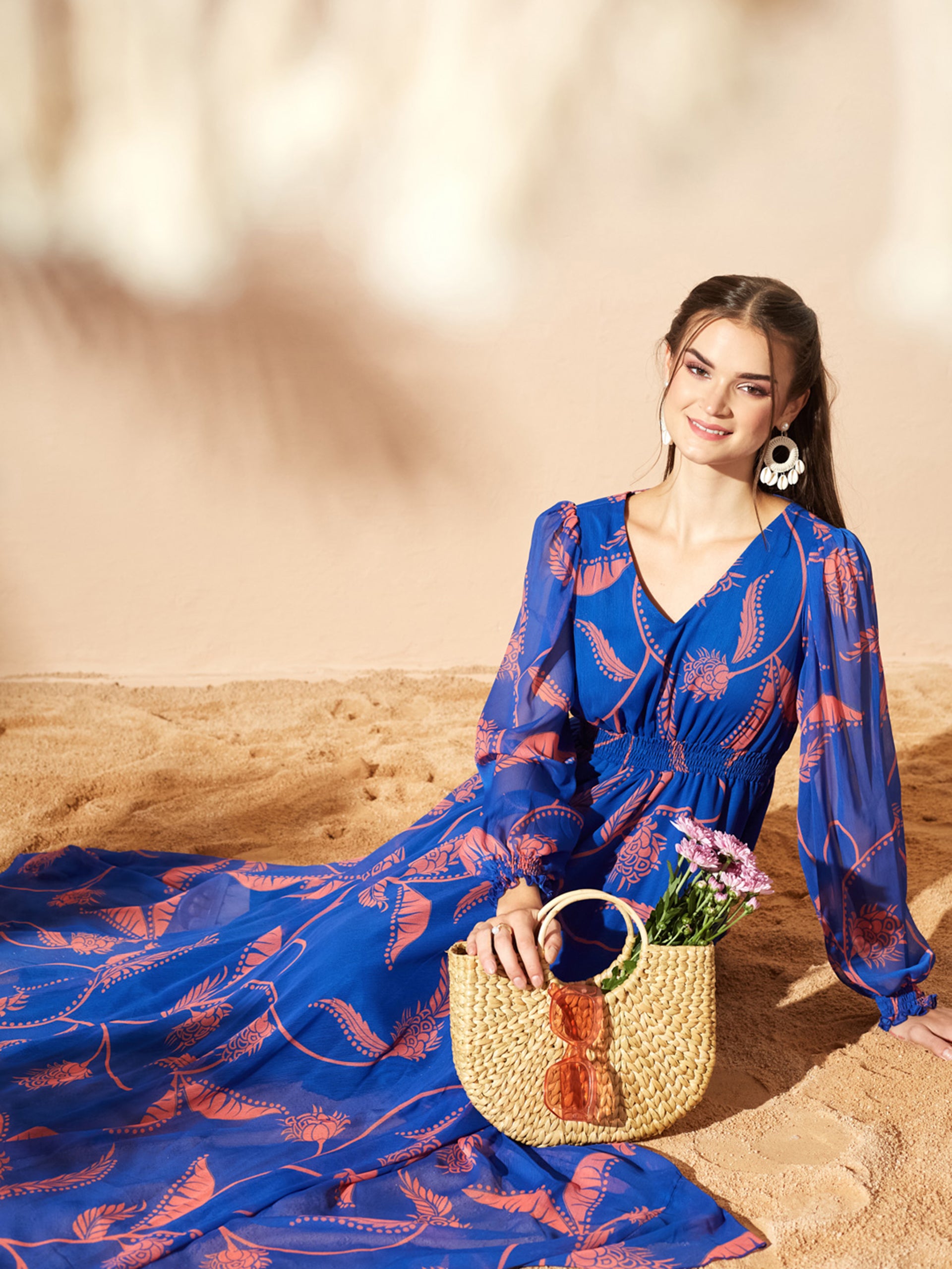 Royal Blue & Coral Full Sleeves Floral Printed Fit and Flare Dress for Women