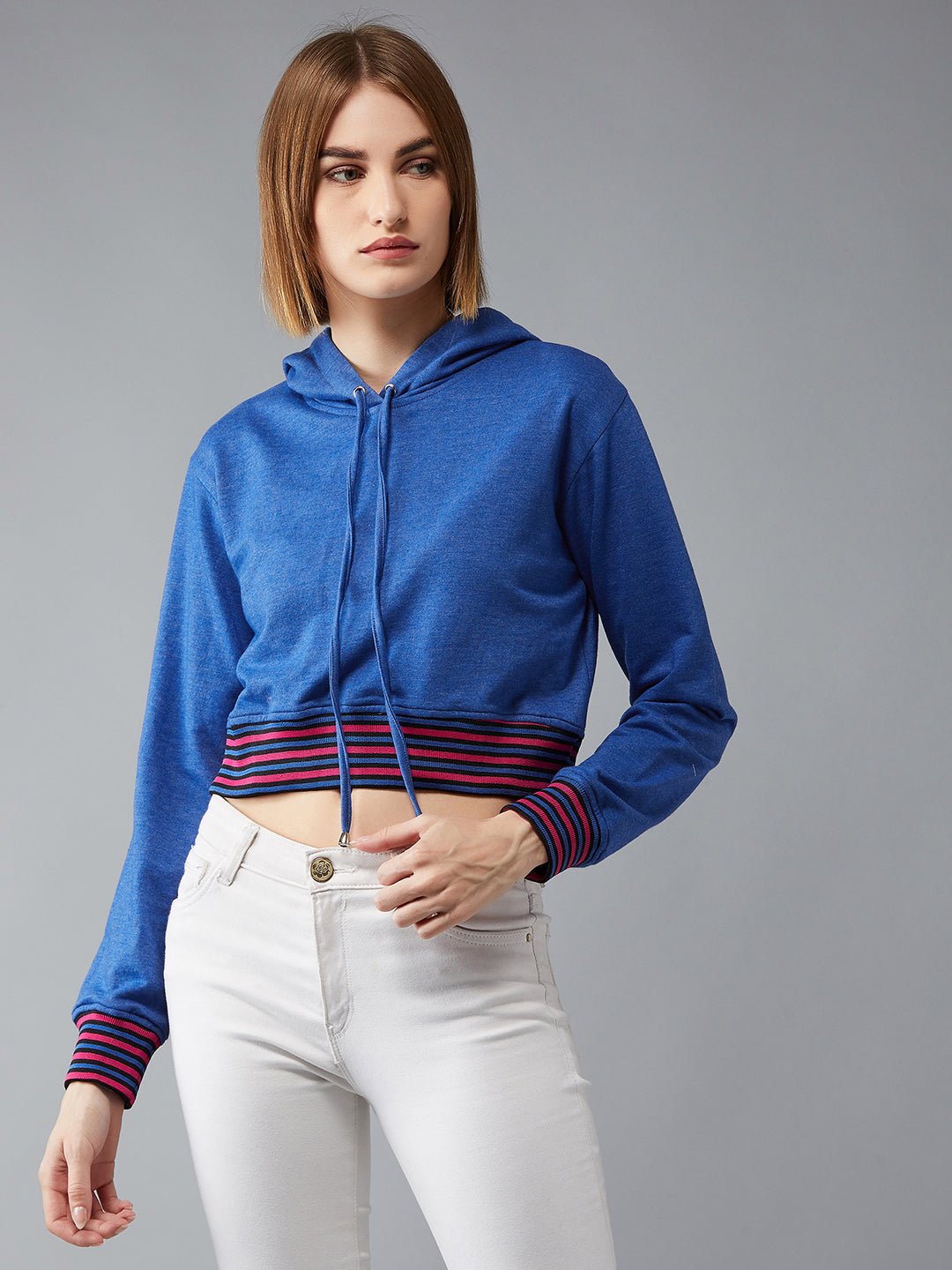 Women's Azure Blue Round Neck Full Sleeves Ribbed Solid Boxy Crop Sweatshirt