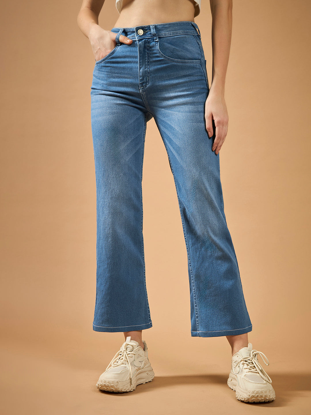 Women's Light Blue Wide-Leg fit Mid-Rise Regular-Length Stretchable Denim Jeans
