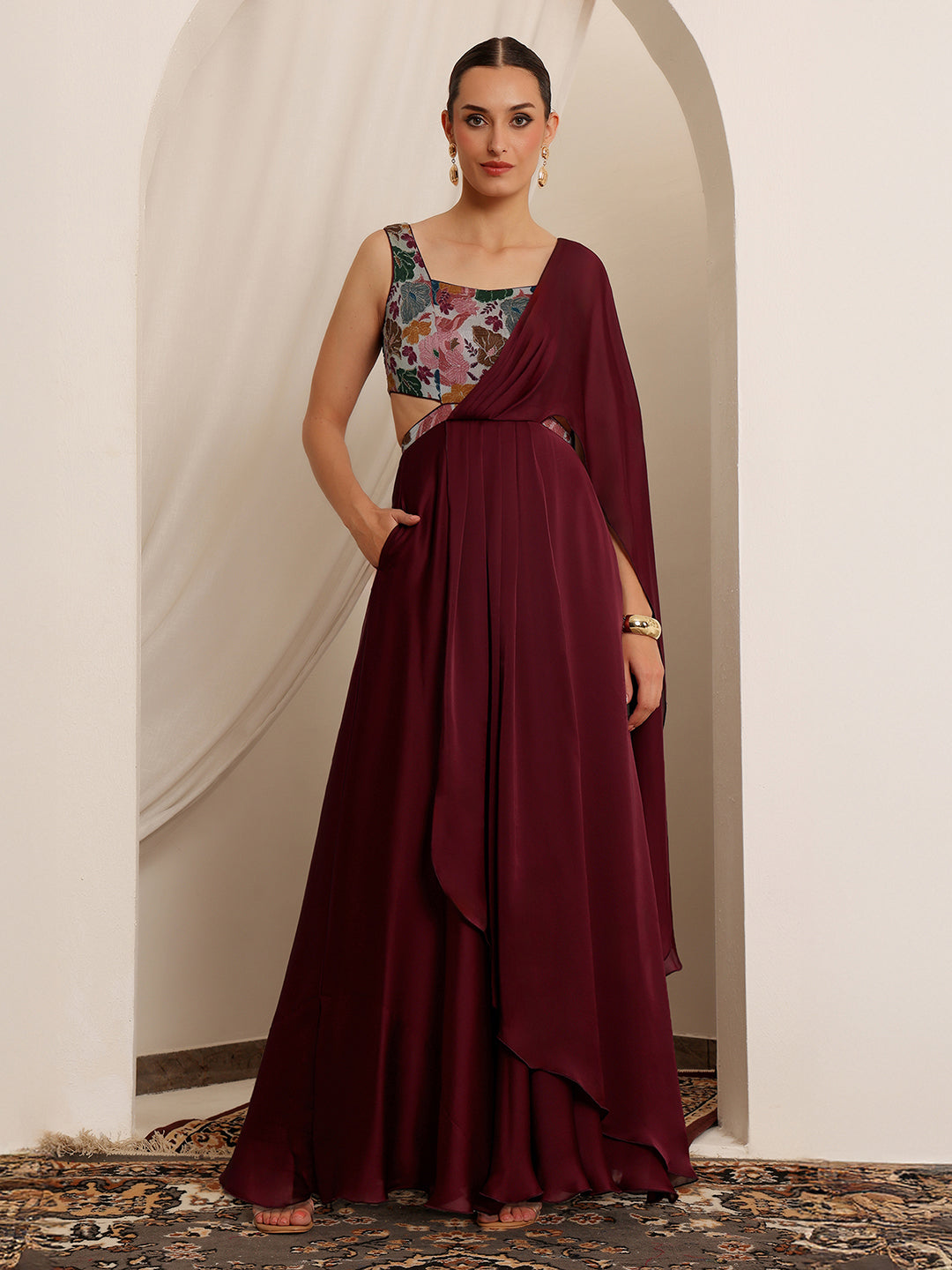 Women's Wine Square Neck Sleeveless Floral Layered Satin Maxi Dress