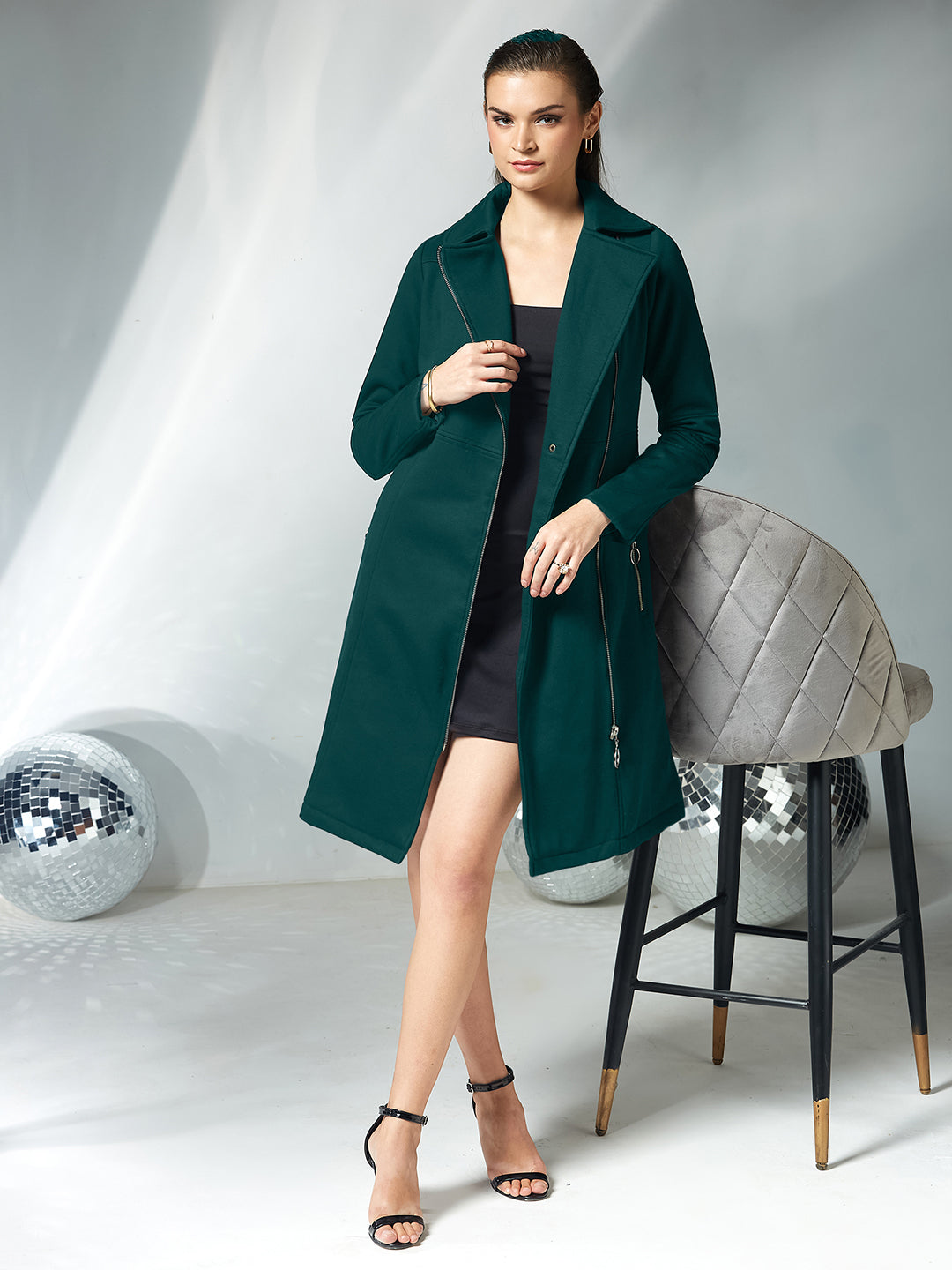 Women's Dark Green Notch Collar Multi Panelled Full Sleeve Solid Double Breasted Knee Length Jacket