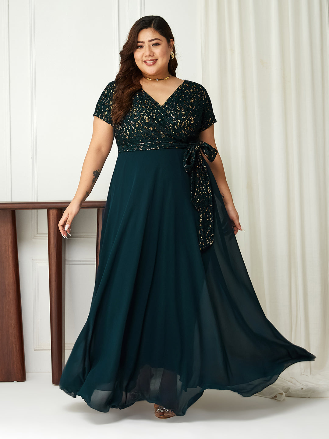 Women's Teal V-Neck Short-Sleeve Self-Designed Lace Overlaid Georgette Maxi Dress