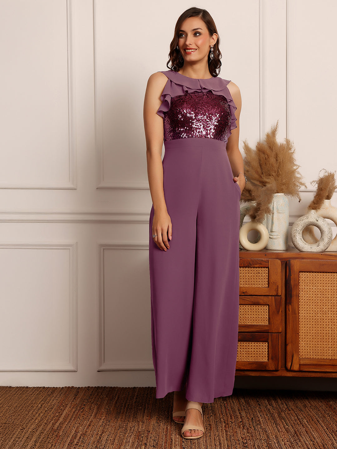 Women's Mauve Sleeveless Embellished Ruffle-Styled Regular-Length Jumpsuit
