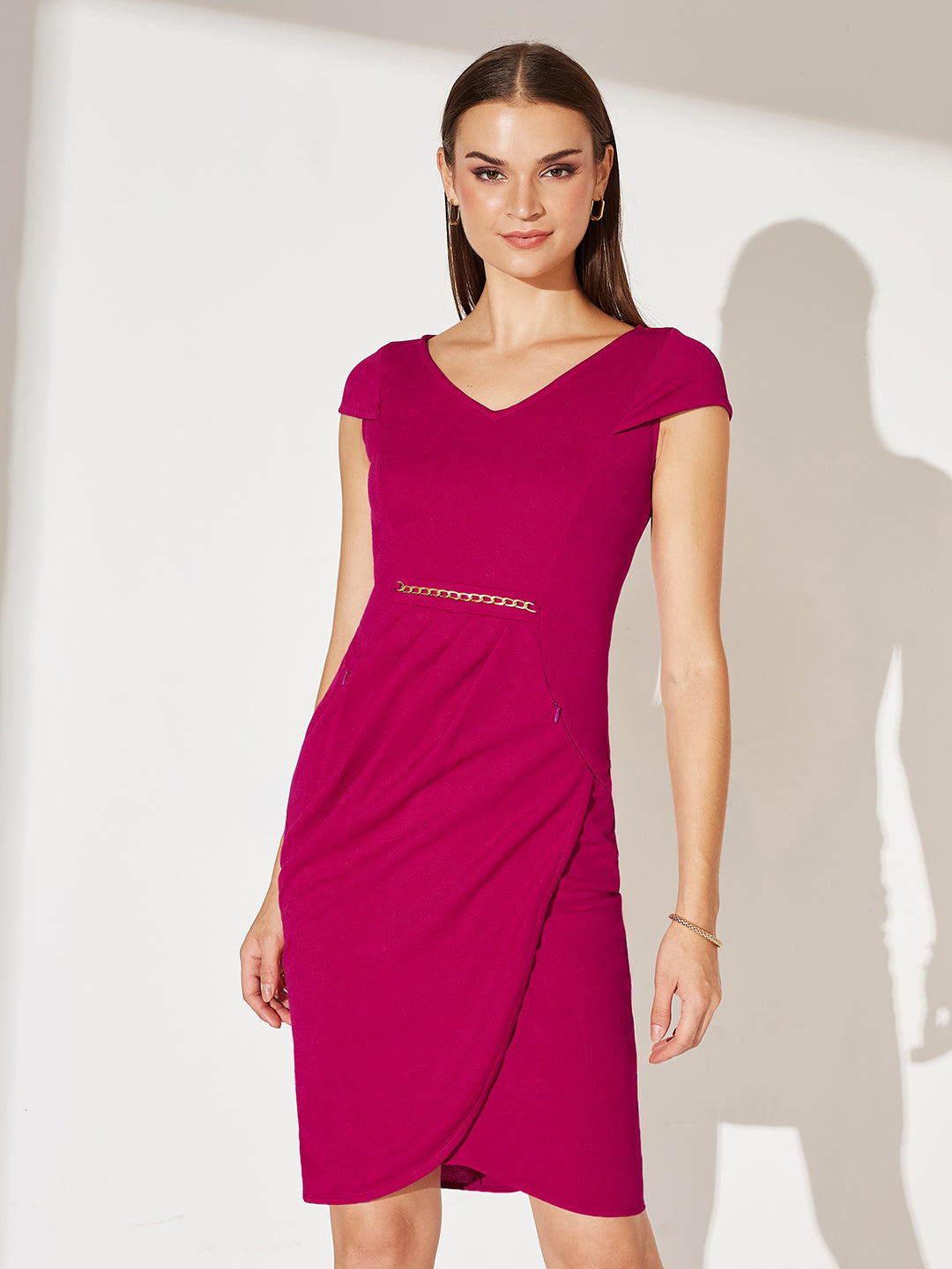 Pink Solid V Neck Cap Sleeves Polyester Side Pocketed Knee Long Dress for Women