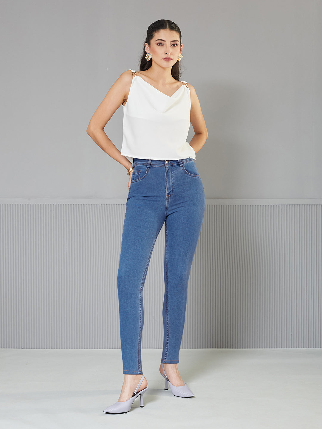 Blue Skinny-Fit High-Rise Cropped Denim Jeans for Women