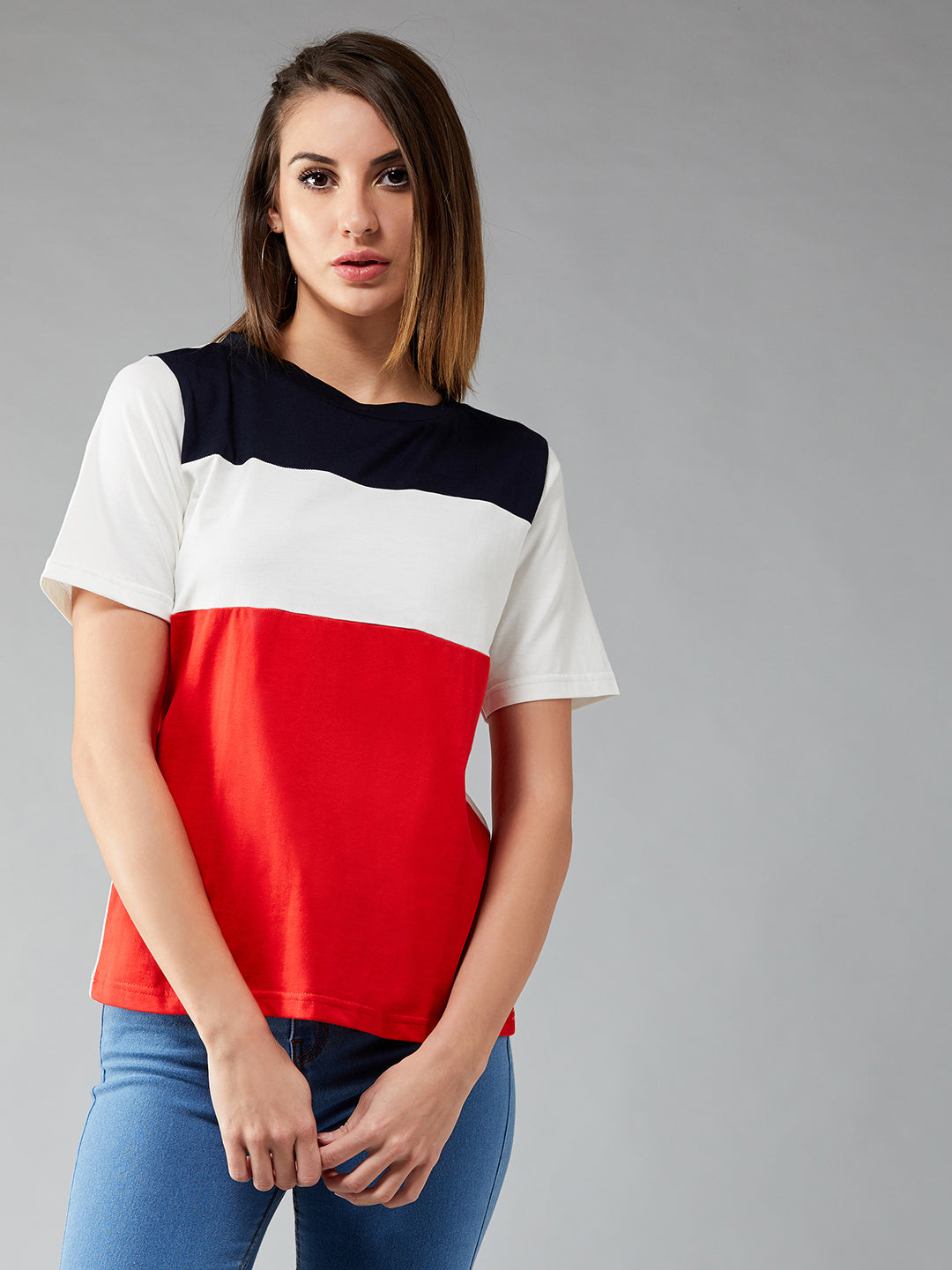 Women's Red Round Neck Half Sleeve Solid Paneled Regular T-Shirt