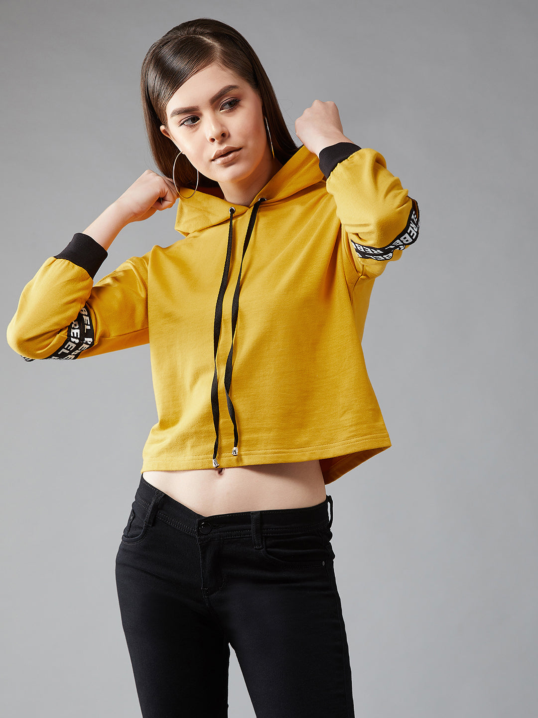 Women's Mustard Hooded Full Sleeves Solid Boxy Drawstring and Eyelet Detailing Cropped Sweatshirt