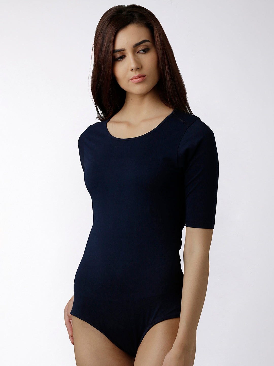 Women's Navy Blue Round Neck Half Sleeves Solid Top