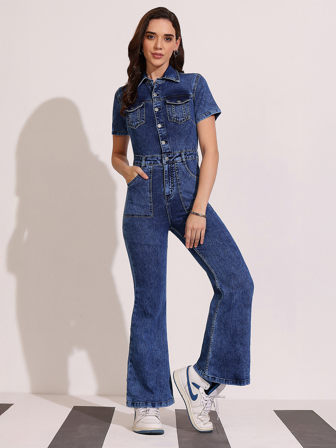 Women's Navy Blue Flared High Rise Regular Stretchable Denim Jumpsuit