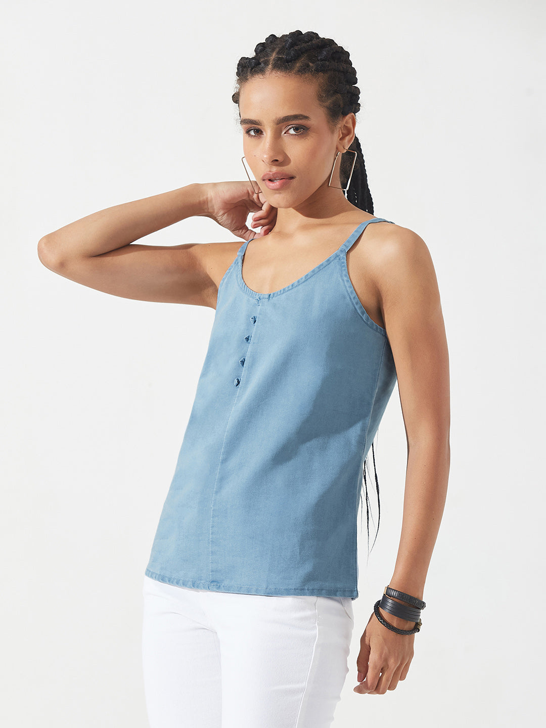 Light-Blue V Neck Sleeveless Cotton Solid Denim Spaghetti Top for Women