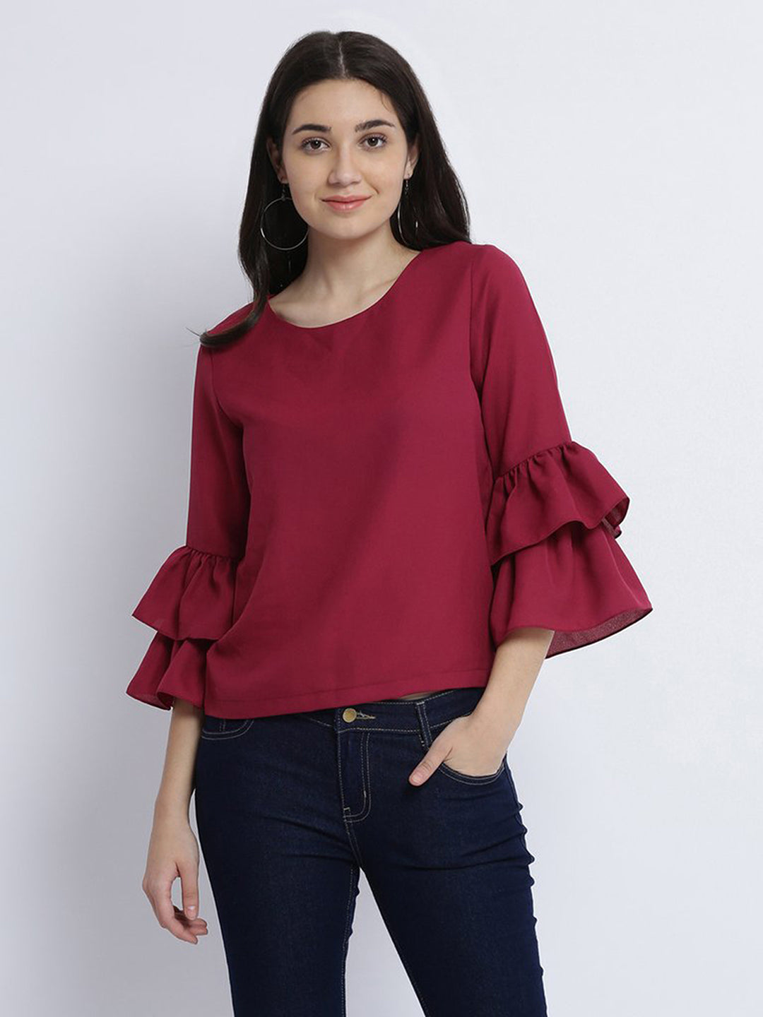 Women's Magenta Round Neck Full Sleeve Solid Frilled Ruffled Top