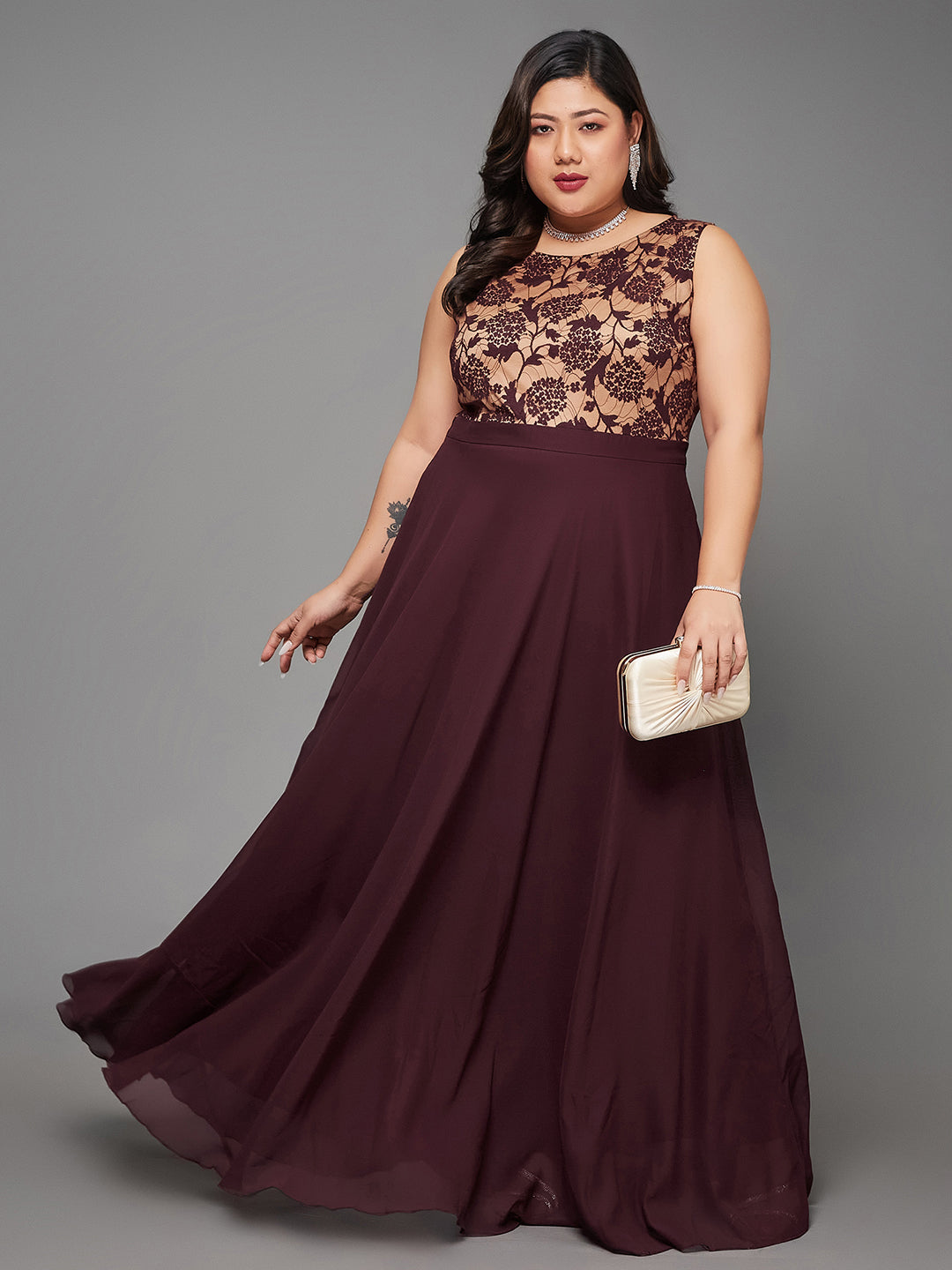 Women's Beige & Wine Round Neck Sleeveless Georgette Floral Lace Fit & Flare Maxi Dress