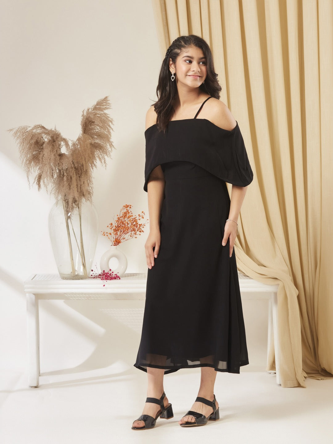 Black Bardot Style Sleeveless Spaghetti Strap Solid Off Shoulder Midi Skater Dress for Girls/Teenagers