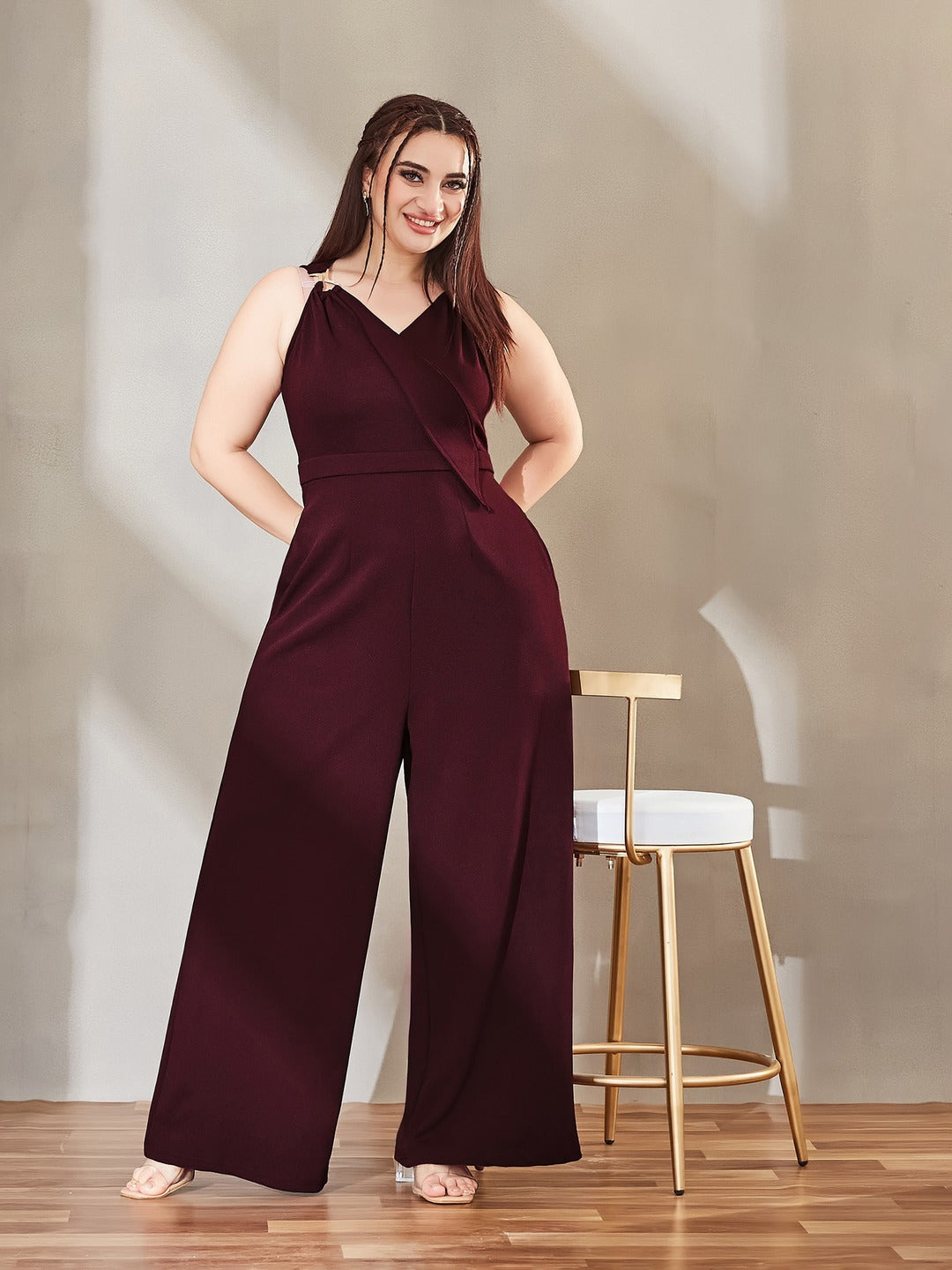 Wine V-Neck Sleeveless Solid Wrap Regular Jumpsuit for Women
