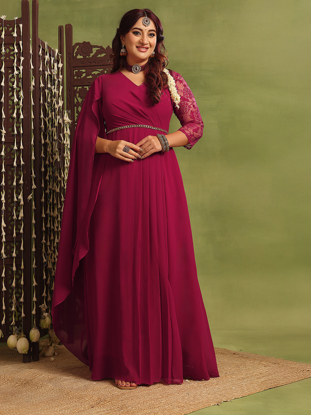 Women's Dark Pink V-Neck Asymmetric Self-Design Georgette Maxi Dress