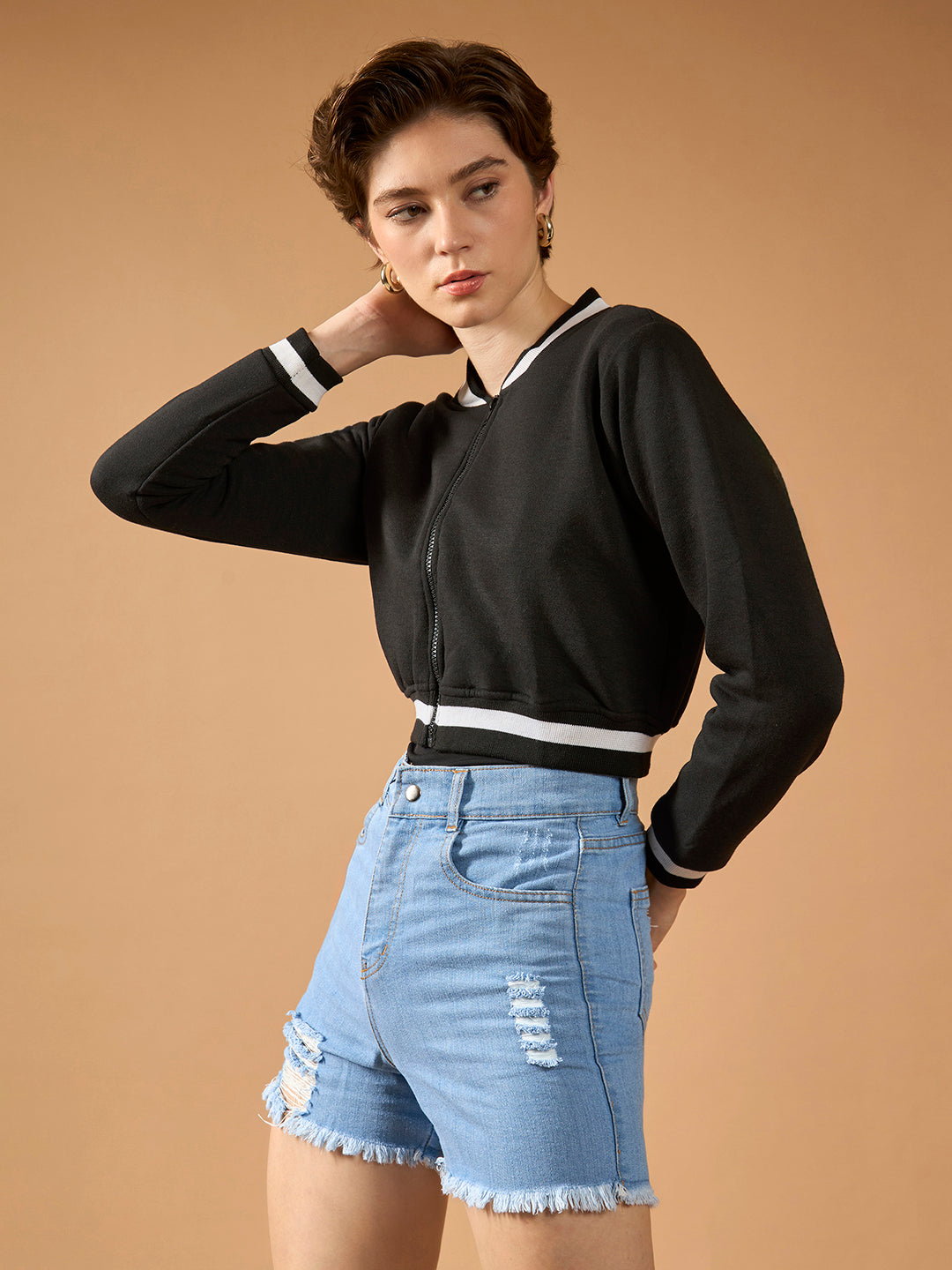 Women's Black V-Neck Full Sleeves Loopknit Rib Solid Bomber Cropped Jacket