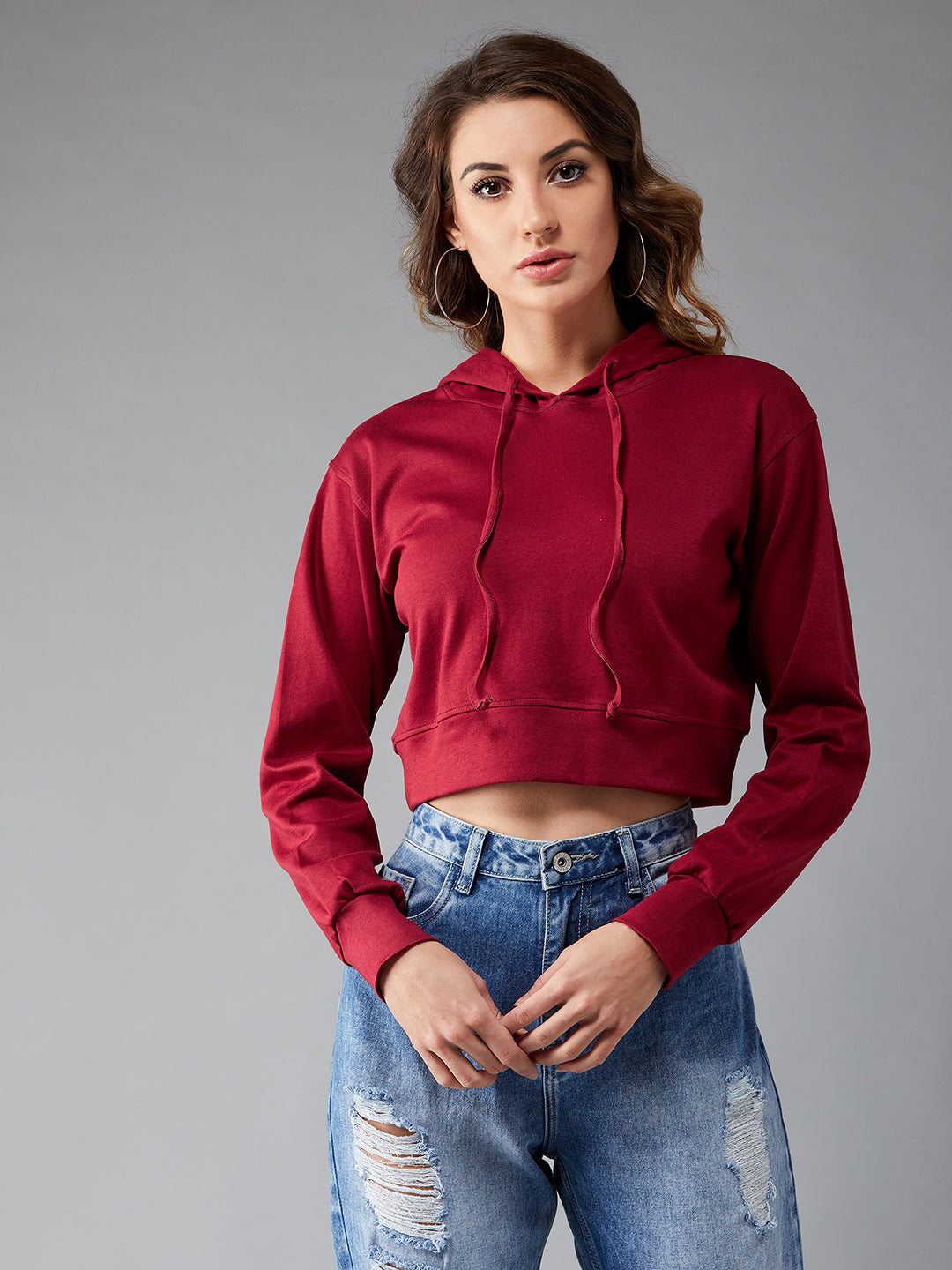 Women's Maroon Solid Round Neck Full Sleeve Hooded Boxy Crop Sweatshirt