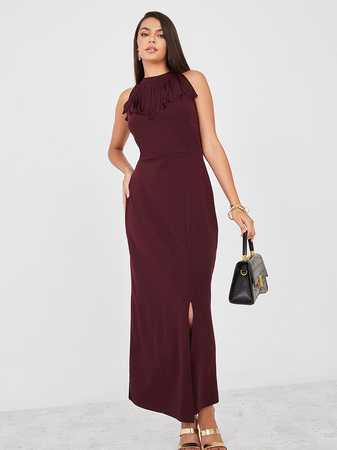 Women's Wine Red Fringed Halter-Neck Sleeveless Solid Maxi Front Slit Dress