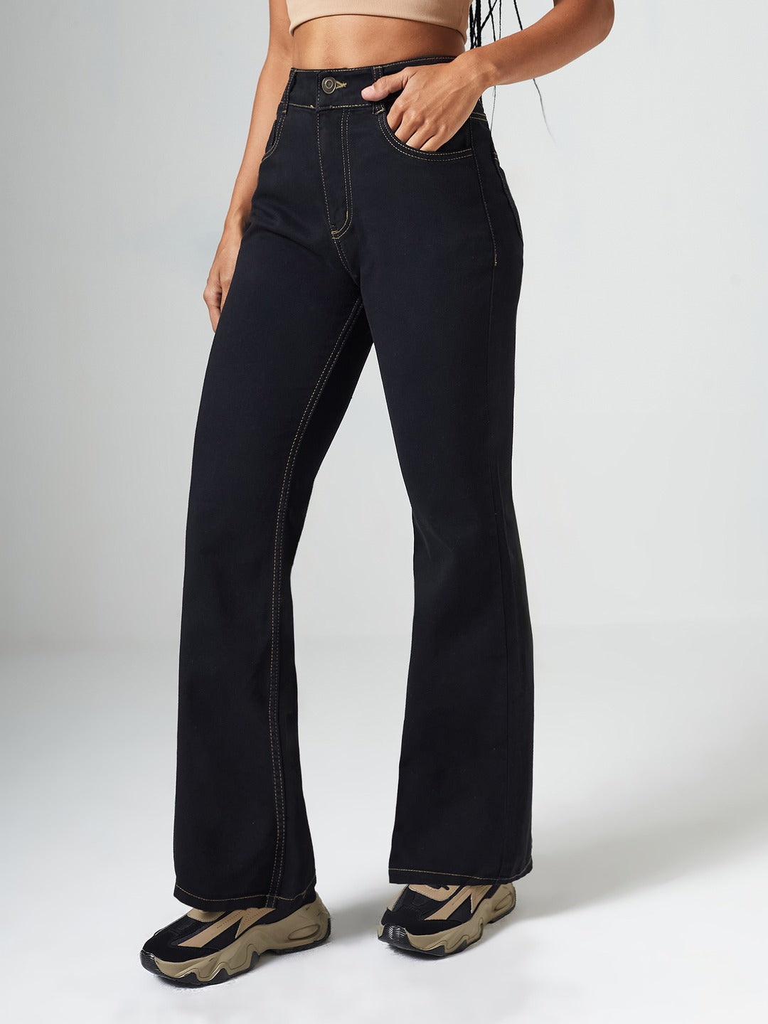 Black Bootcut High-Rise Clean-Look Regular-Length Stretchable Denim Jeans for Women