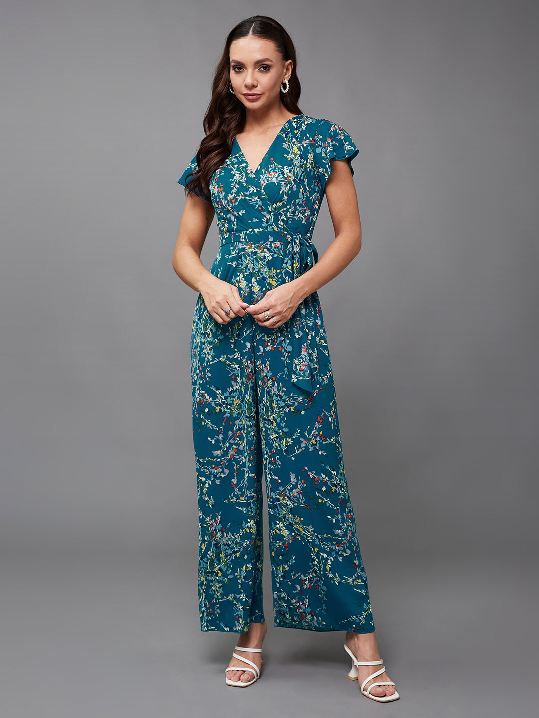 Women's Multicolored-Base-Turquoise V-Neck Short Sleeve Floral Wrap Regular-Length Crepe Jumpsuit