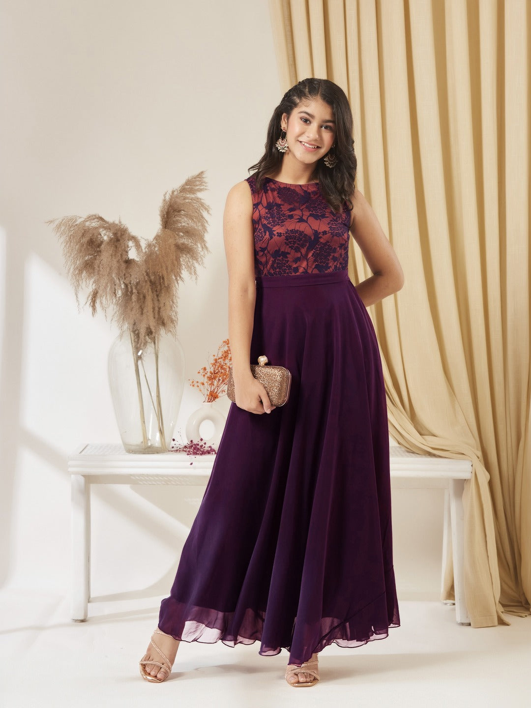 Dark Purple Round Neck Sleeveless Georgette & Lace Floral Fit & Flare Maxi Dress for Girls/Teenagers