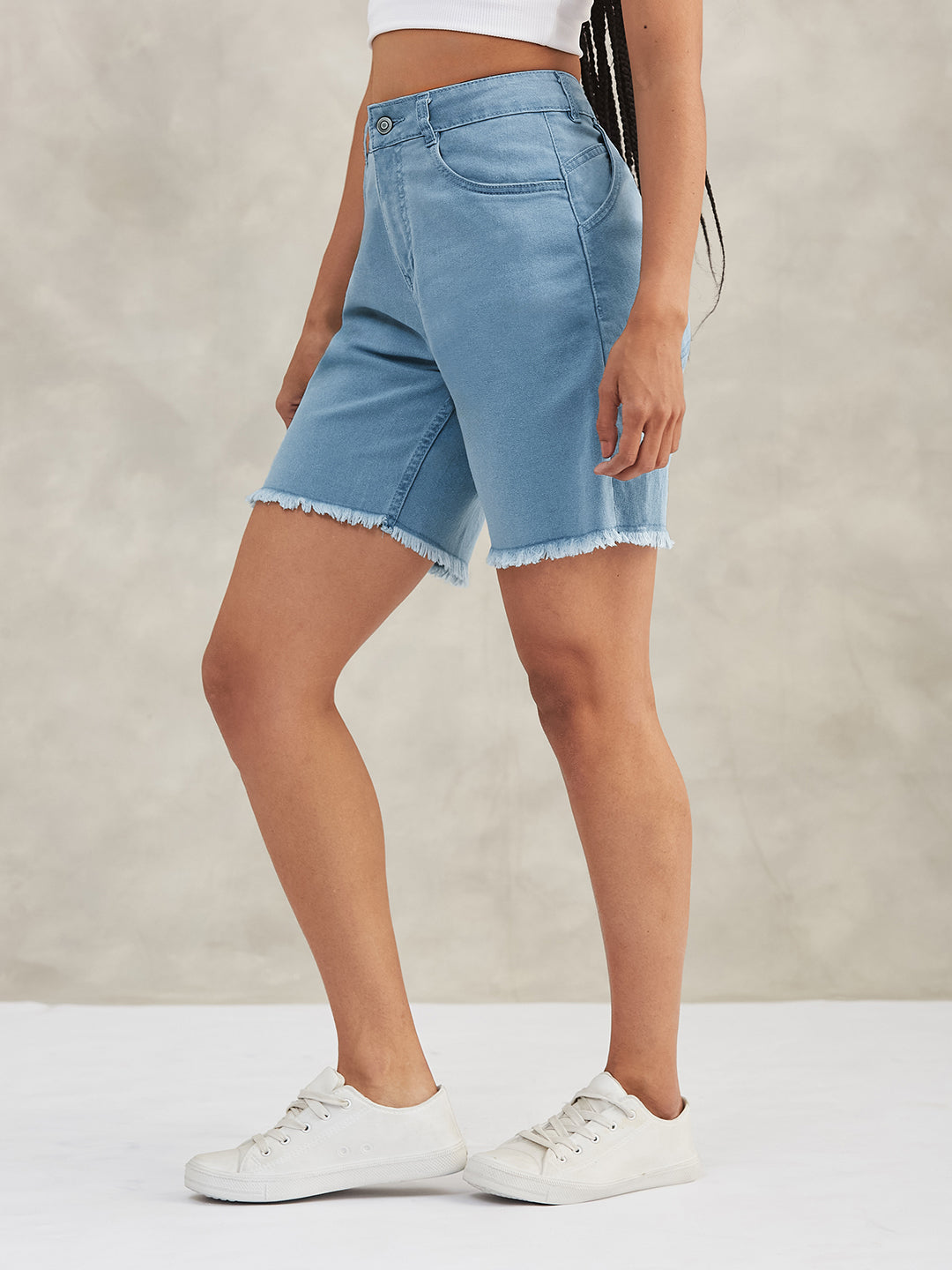 Women's Light Blue Regular High Rise Clean Look Above Knee Stretchable Denim Shorts
