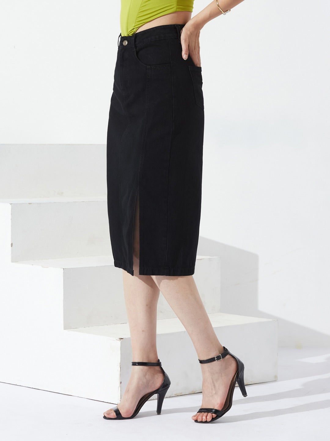 Black Straight-Fit High-Rise Stretchable Denim Midi Skirt for Women