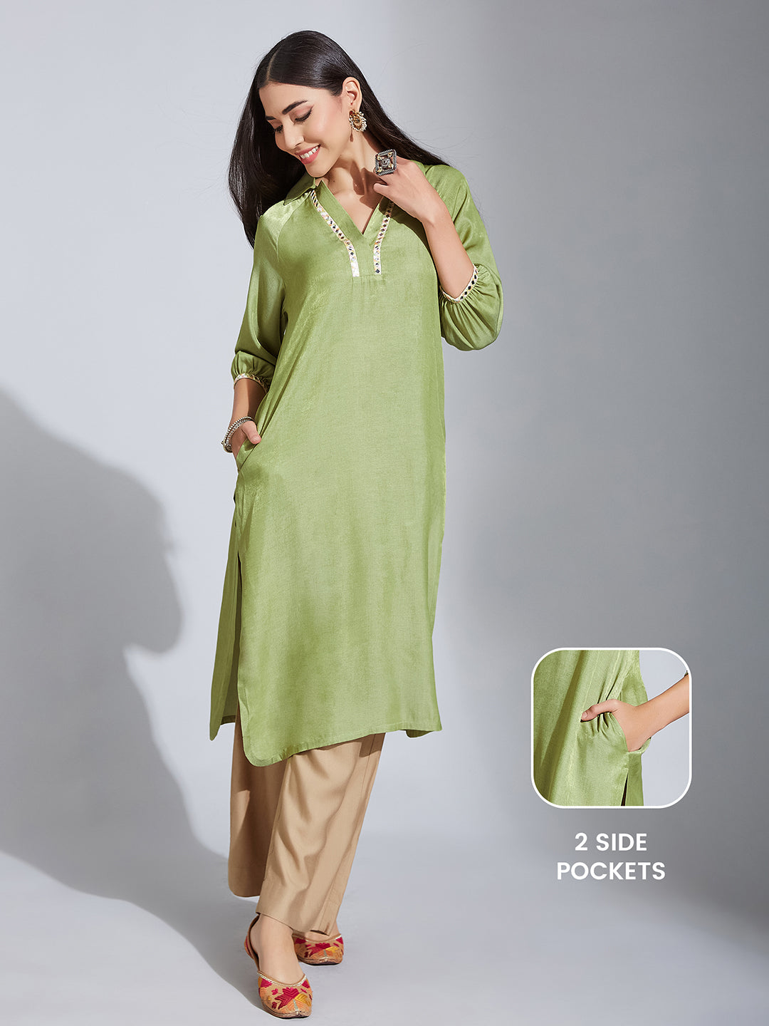 Women's Light Green Shirt Collar Full Sleeve Solid Raglan Knee-Long Kurta