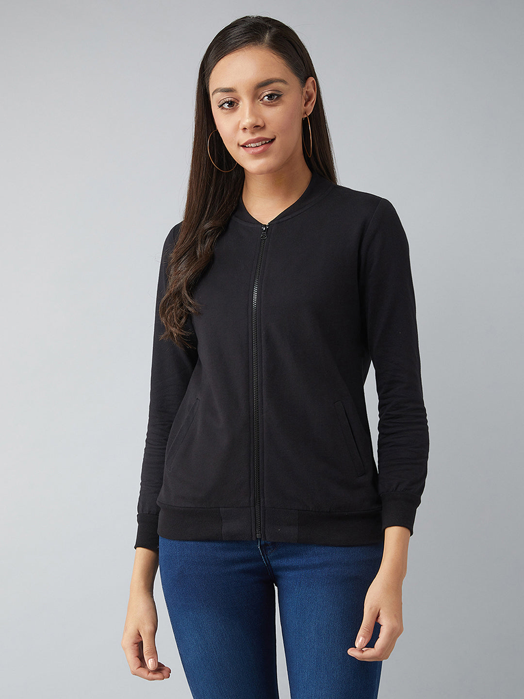 Women's Black V-Neck Full Sleeves Cotton Solid Bomber Jacket