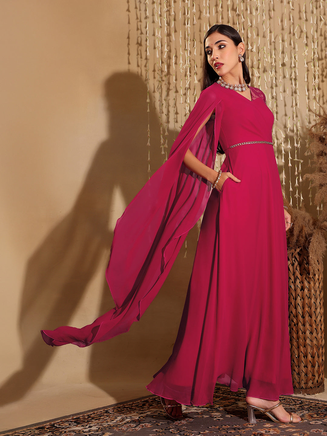 Women's Dark Pink V-Neck Asymmetric Self-Designed Georgette Maxi Dress