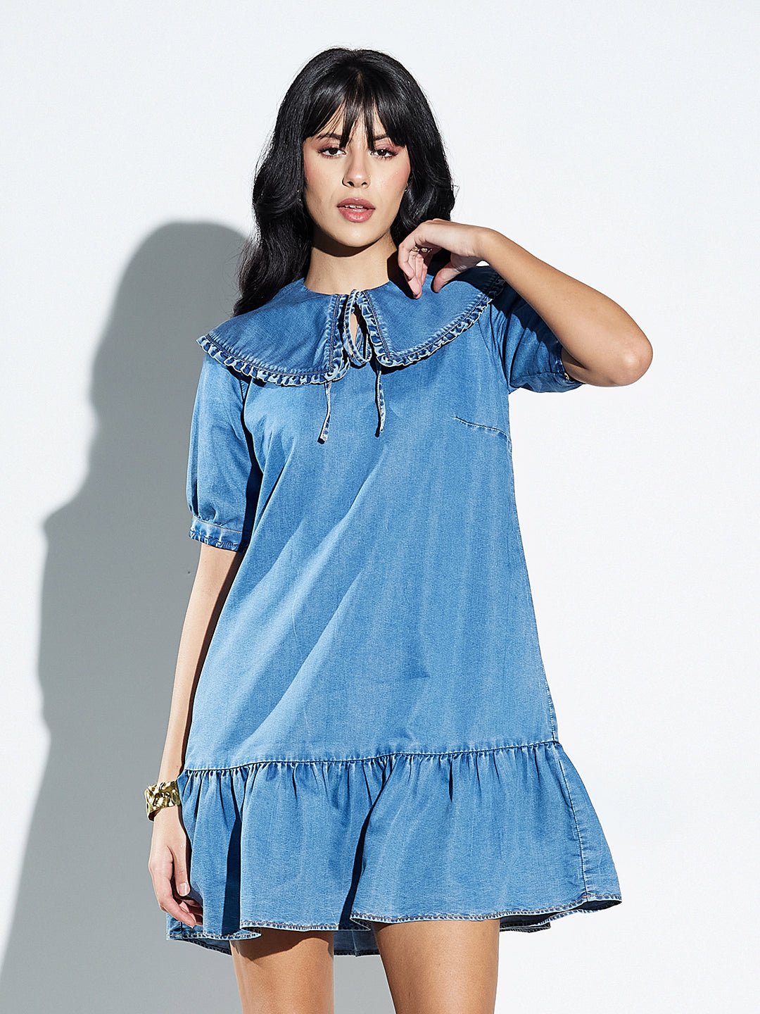 Mid Blue Peter Pan Collar With Mini Ruffles Puff Sleeves Solid A-Line Mini Gathered Dress Mini Denim Dress For Women — Miss Chase