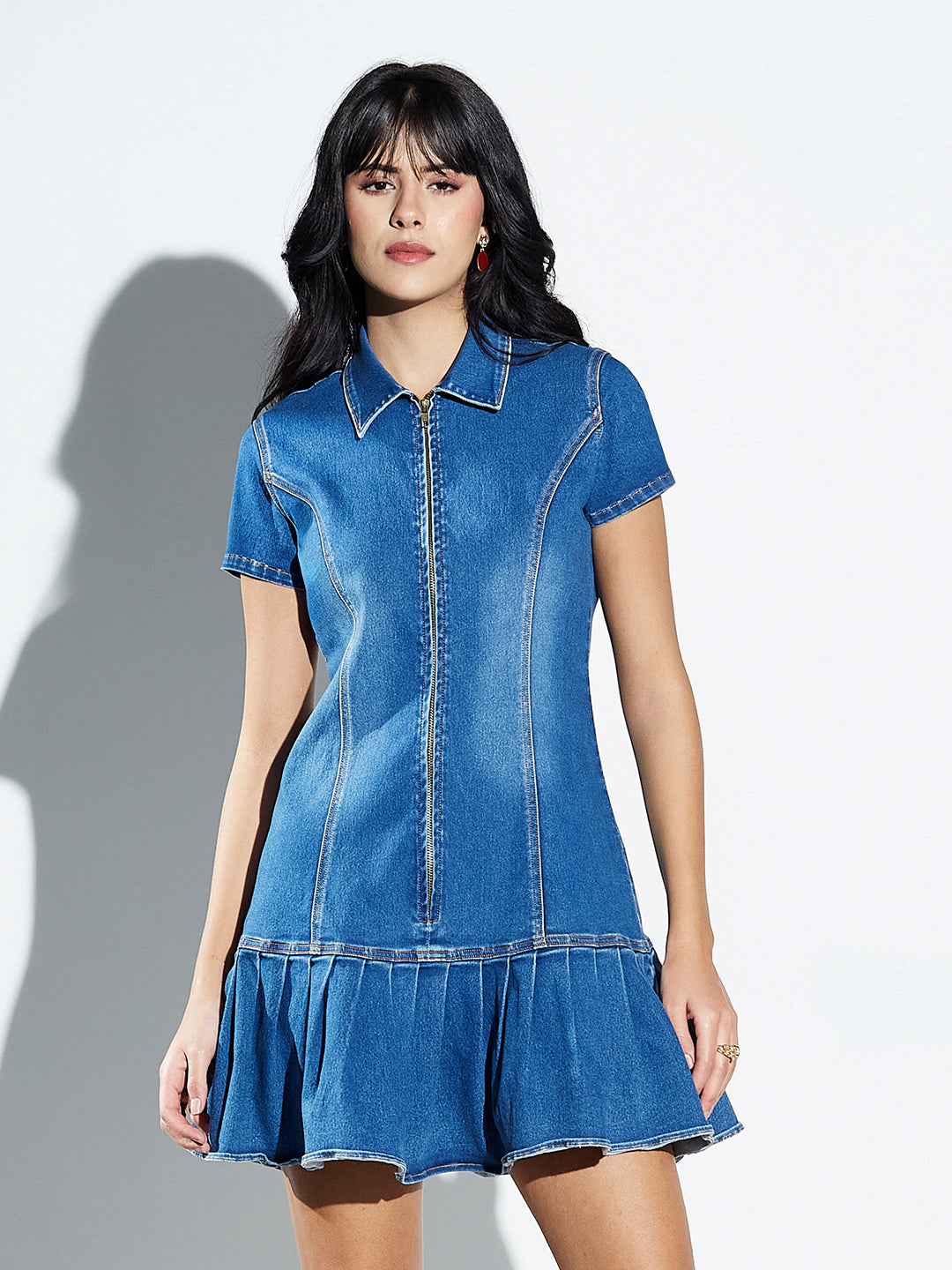 Mid Blue Collar Neck Short Sleeves Solid Pleated Zip-Up Mini Dress Mini Denim Dress For Women