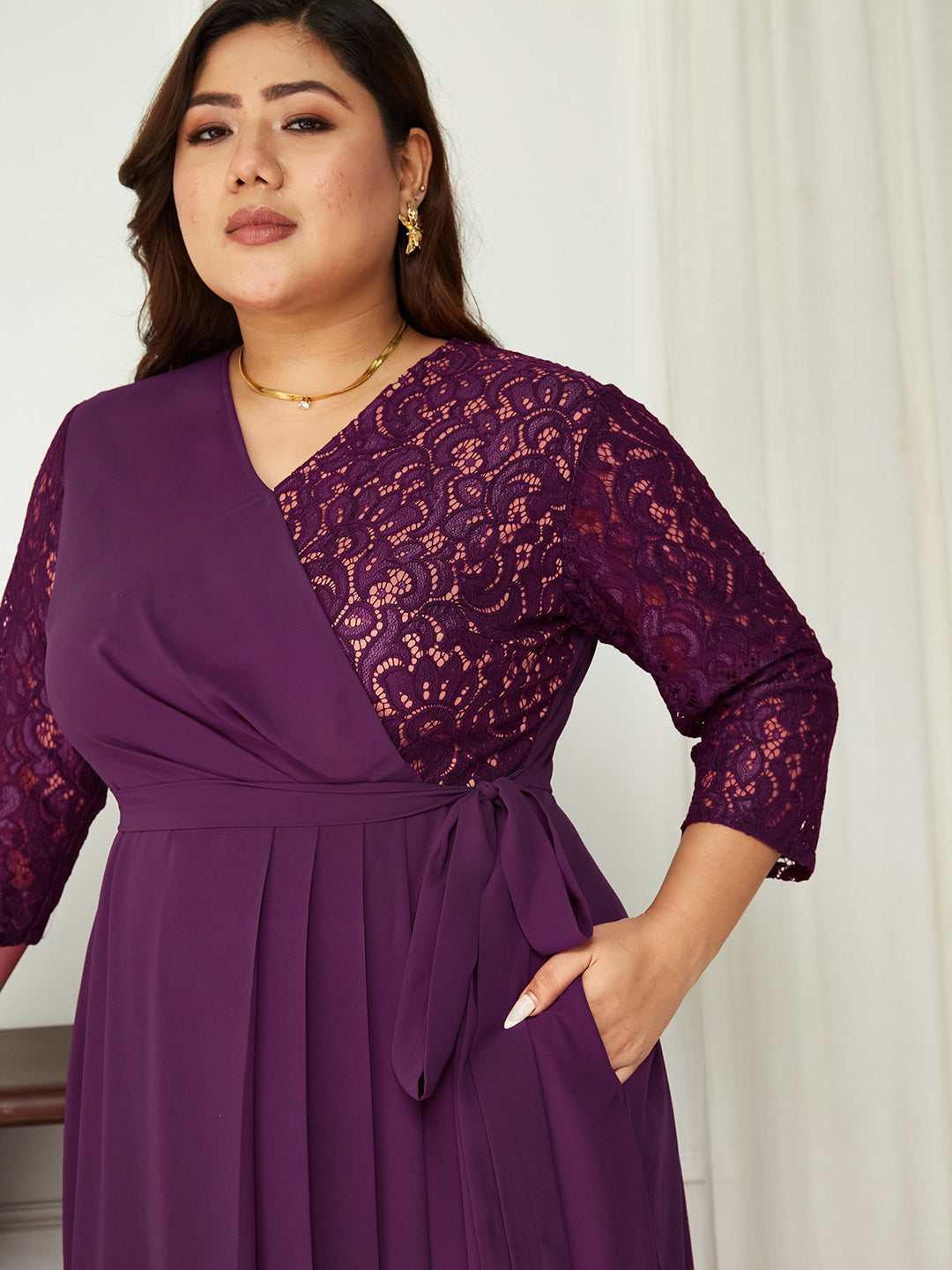 Dark Purple Colored V-Neck Three-Quarter Sleeve Self-Designed Wrap Maxi Georgette Dress for Women