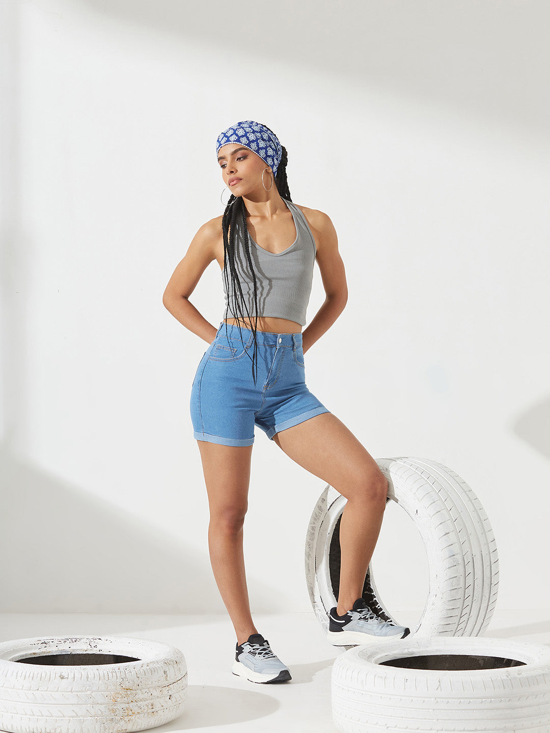 Blue Relaxed Fit Mid-Rise Denim Shorts for Women