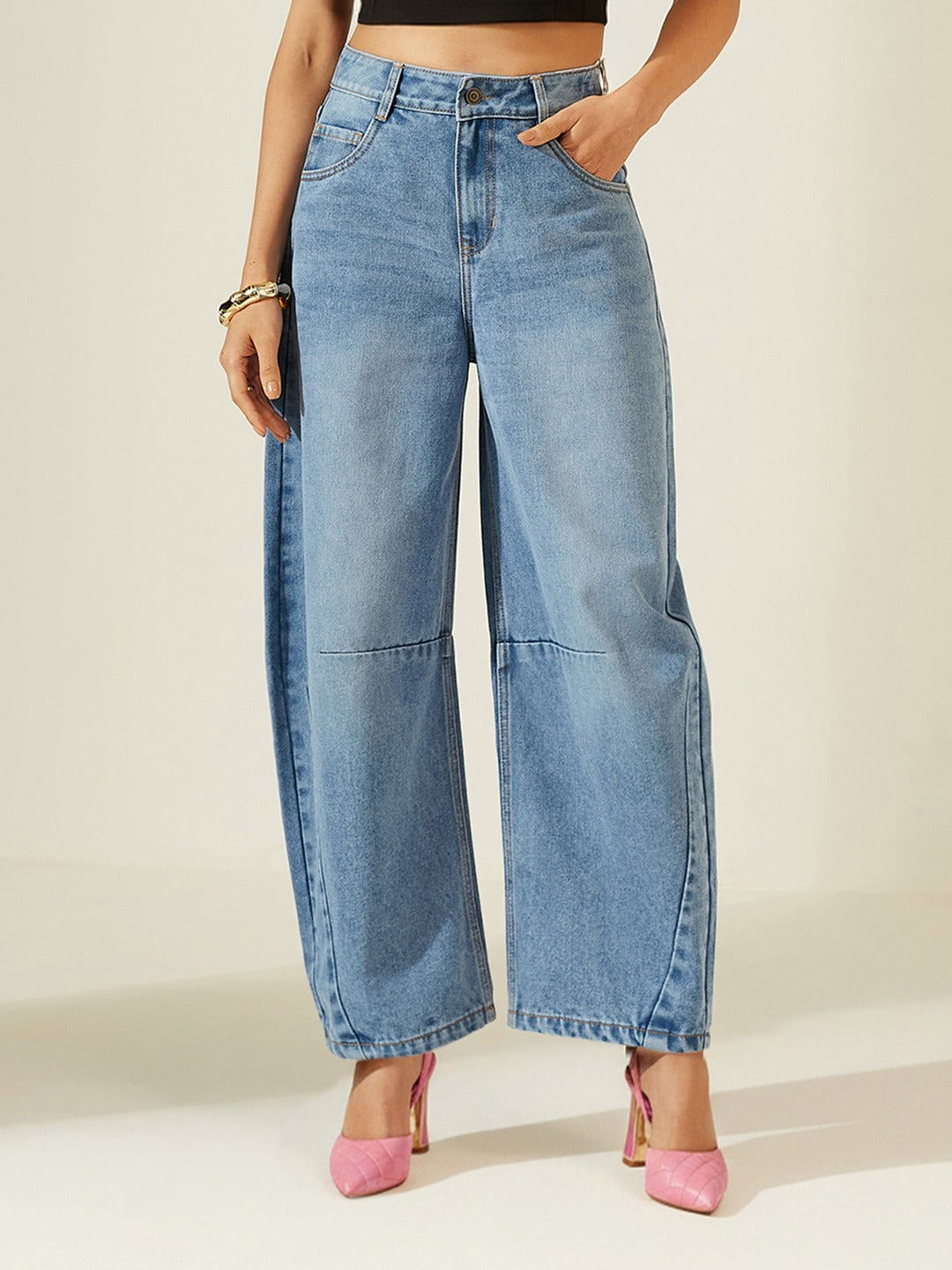 Mid Blue High Rise Barrel Fit Denim Jeans with Whiskering & Knee Dart Detailing for Women