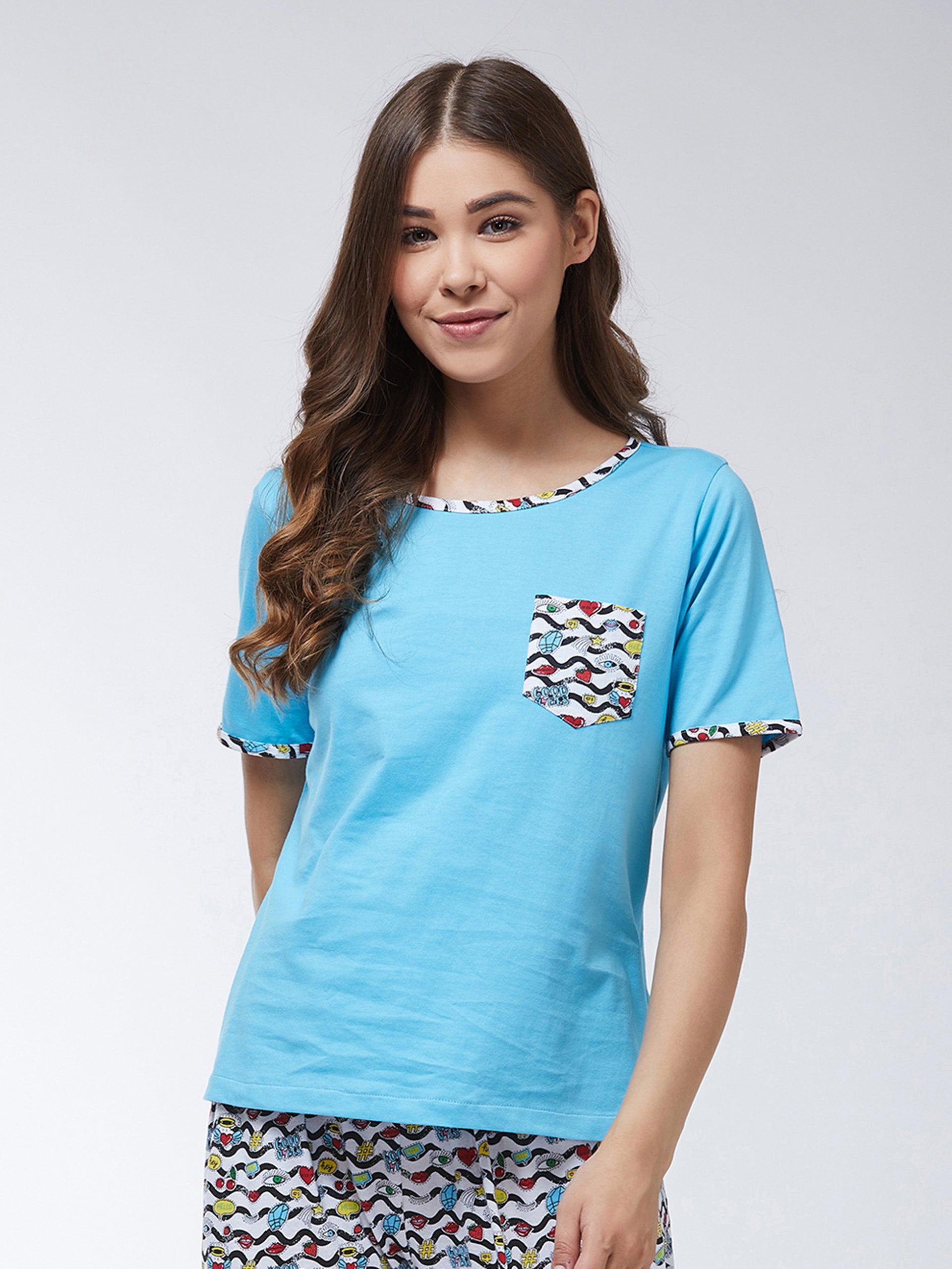 Women's Blue Round Neck Short Sleeves Printed Regular length T-shirt