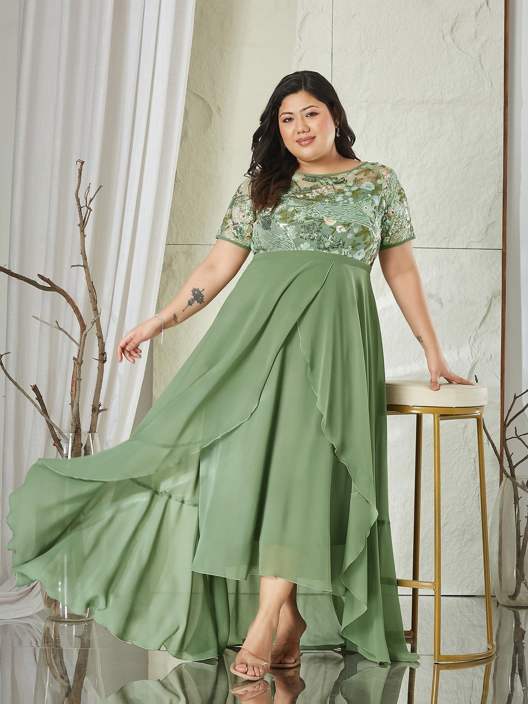 Light Green Embellished Layered Georgette Midi Dress for Women