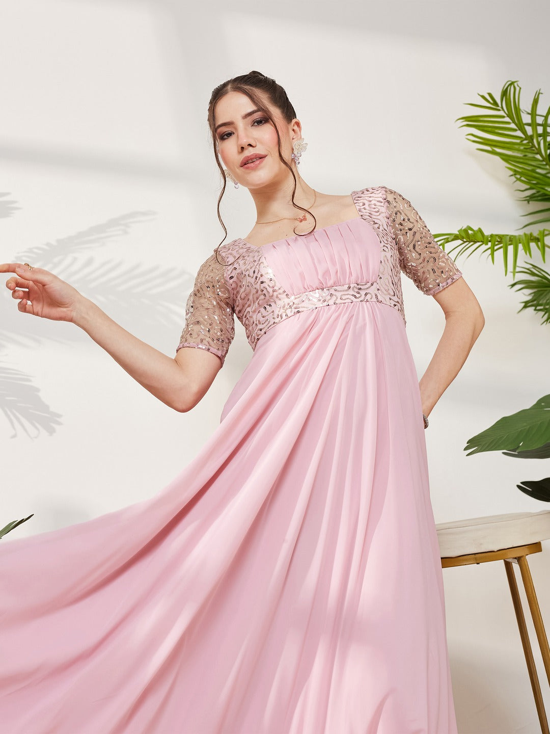 Dusty Pink Square Neck Half Sleeve Solid Embellished Maxi Dress for Women
