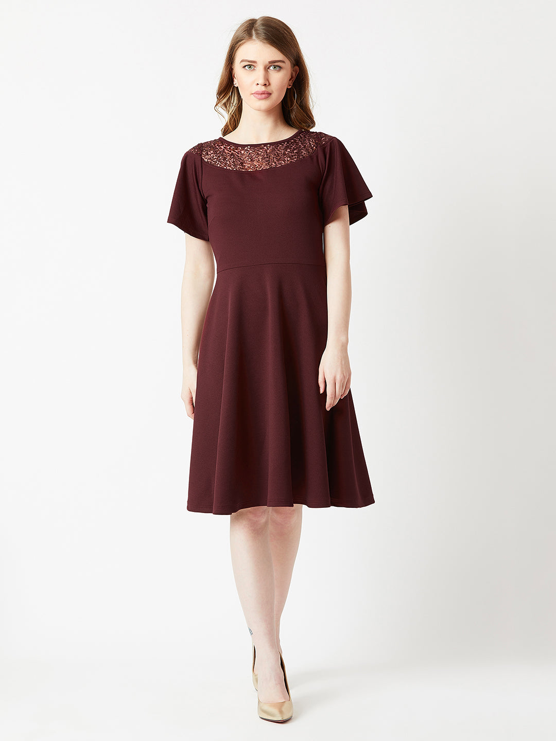 Crease Ease Women's Wine Red Round Neck Flared Short Sleeve Solid Skater Knee-Long Lace Dress